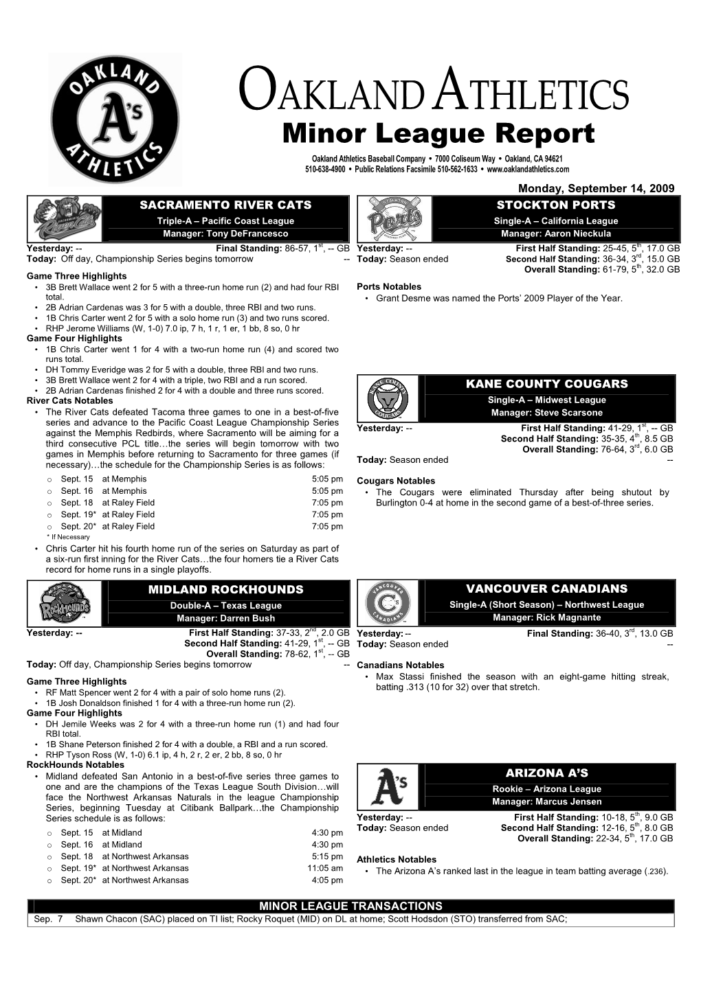 09-14-2009 A's Minor League Report