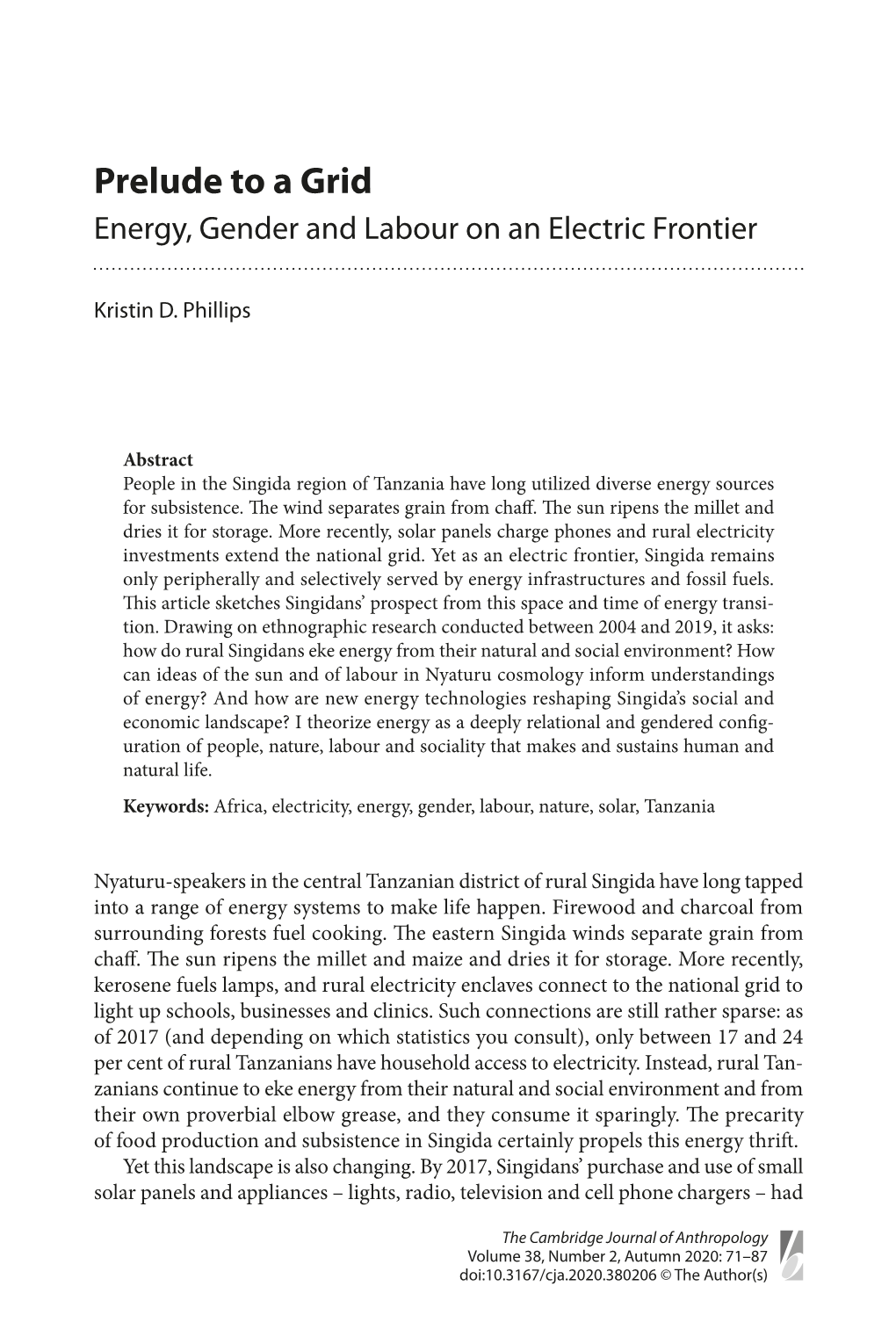 Prelude to a Grid Energy, Gender and Labour on an Electric Frontier