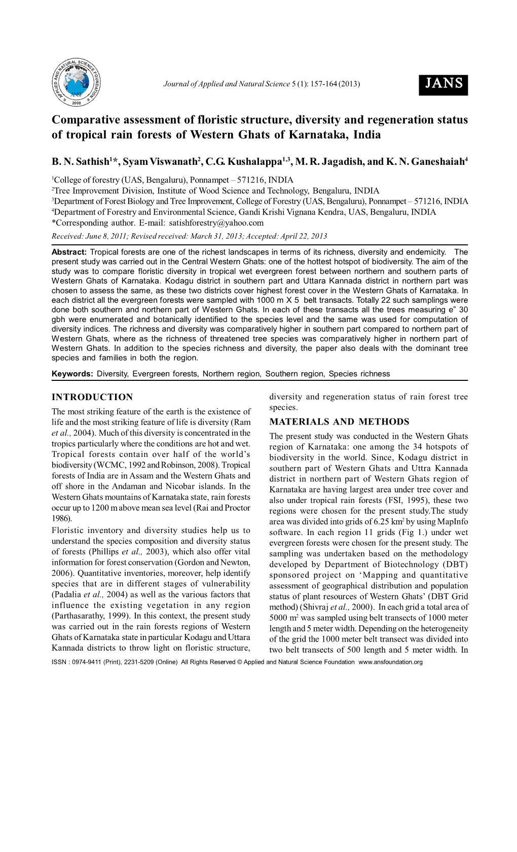 Comparative Assessment of Floristic Structure, Diversity and Regeneration Status of Tropical Rain Forests of Western Ghats of Karnataka, India