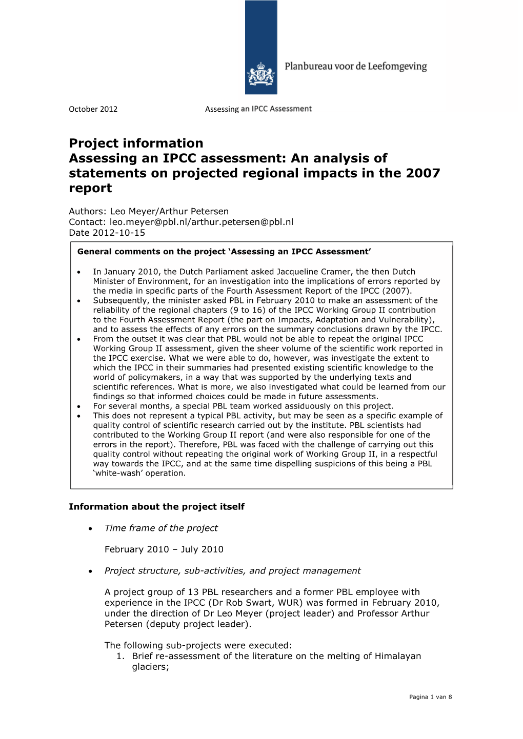 Project Information Assessing an IPCC Assessment: an Analysis of Statements on Projected Regional Impacts in the 2007 Report