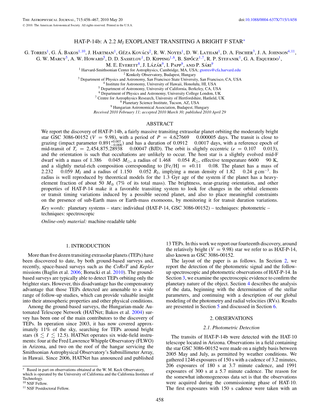 HAT-P-14B: a 2.2 MJ EXOPLANET TRANSITING a BRIGHT F STAR G