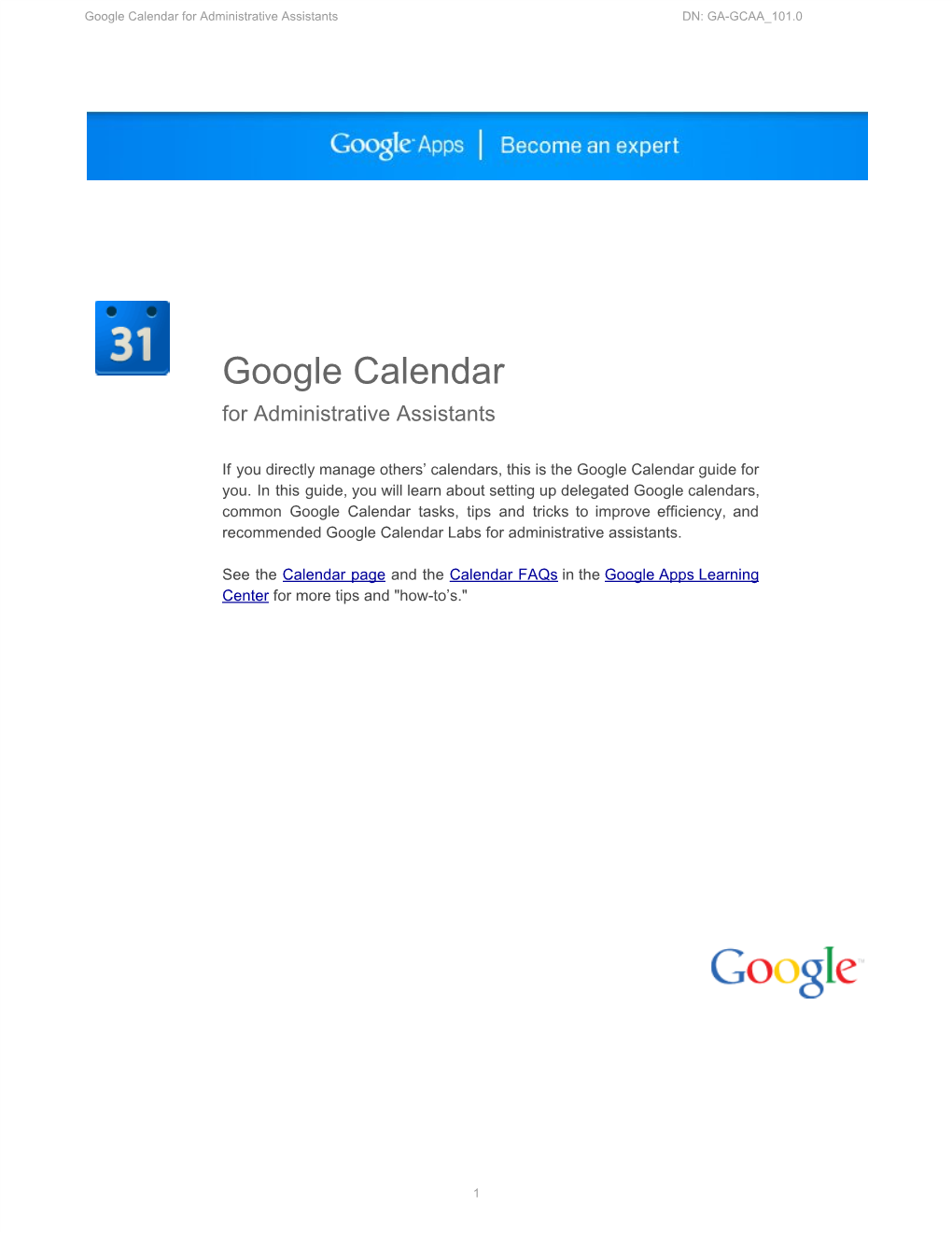 Google Calendar for Administrative Assistants DN: GA-GCAA 101.0