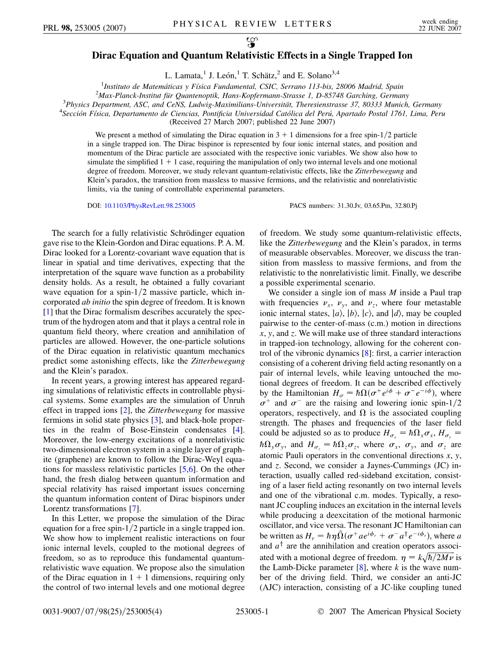 Dirac Equation and Quantum Relativistic Effects in a Single Trapped Ion