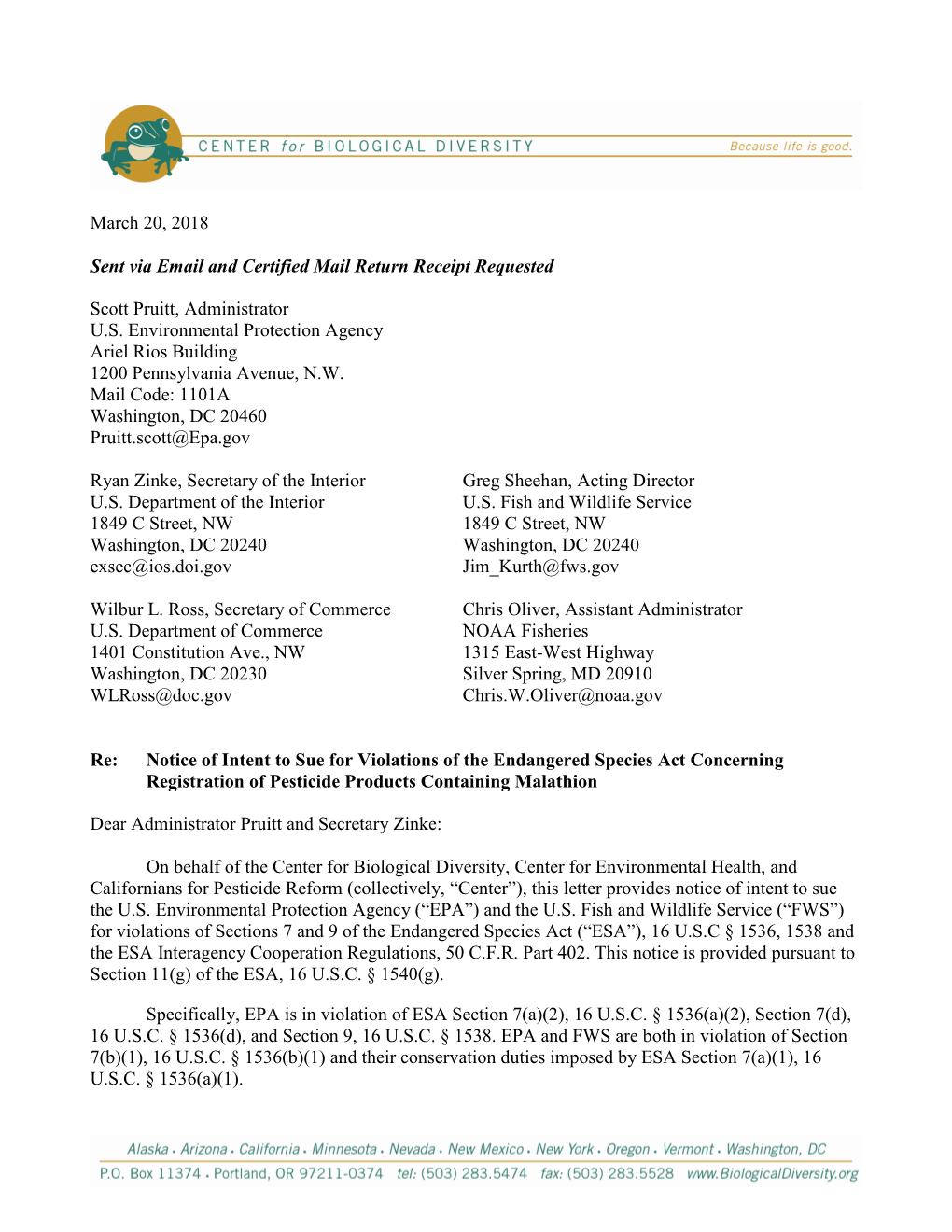 Notice of Intent to Sue for Violations of the Endangered Species Act Concerning Registration of Pesticide Products Containing Malathion