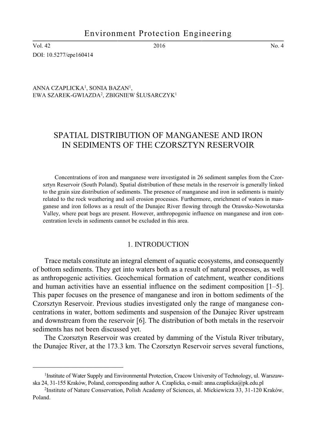 Spatial Distribution of Manganese and Iron in Sediments of the Czorsztyn Reservoir