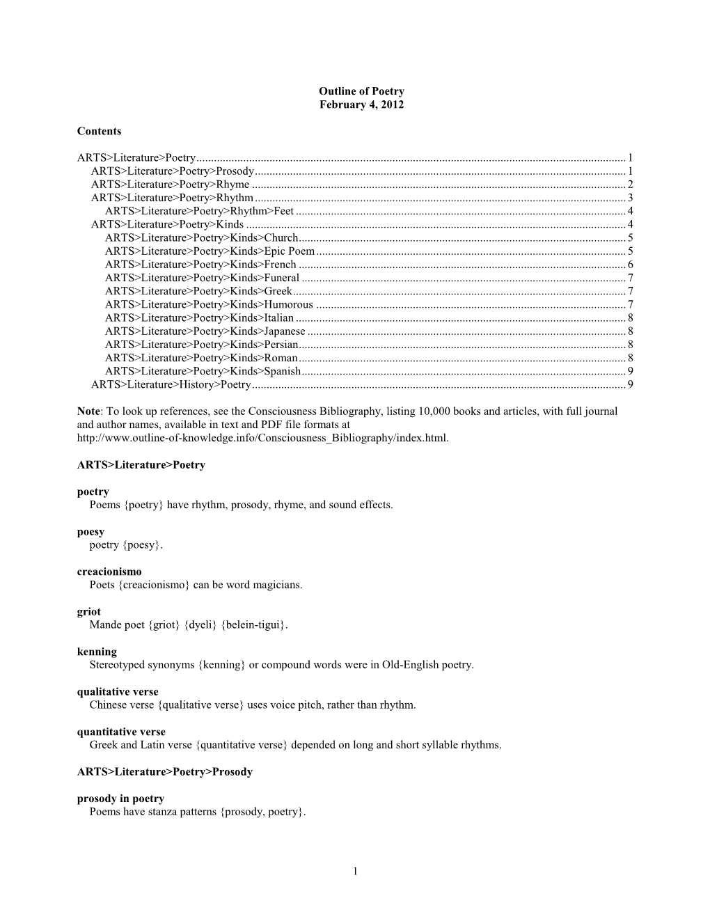 Outline of Poetry February 4, 2012