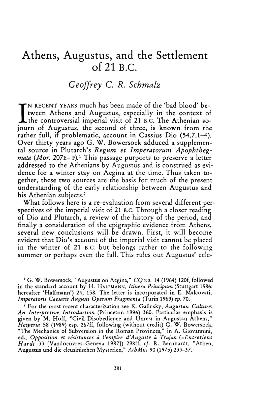 Athens, Augustus, and the Settlement of 21 B.C