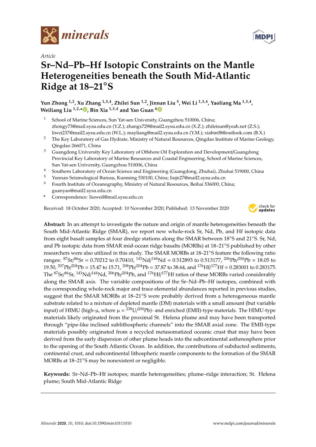 Sr–Nd–Pb–Hf Isotopic Constraints on the Mantle Heterogeneities Beneath the South Mid-Atlantic Ridge at 18–21S