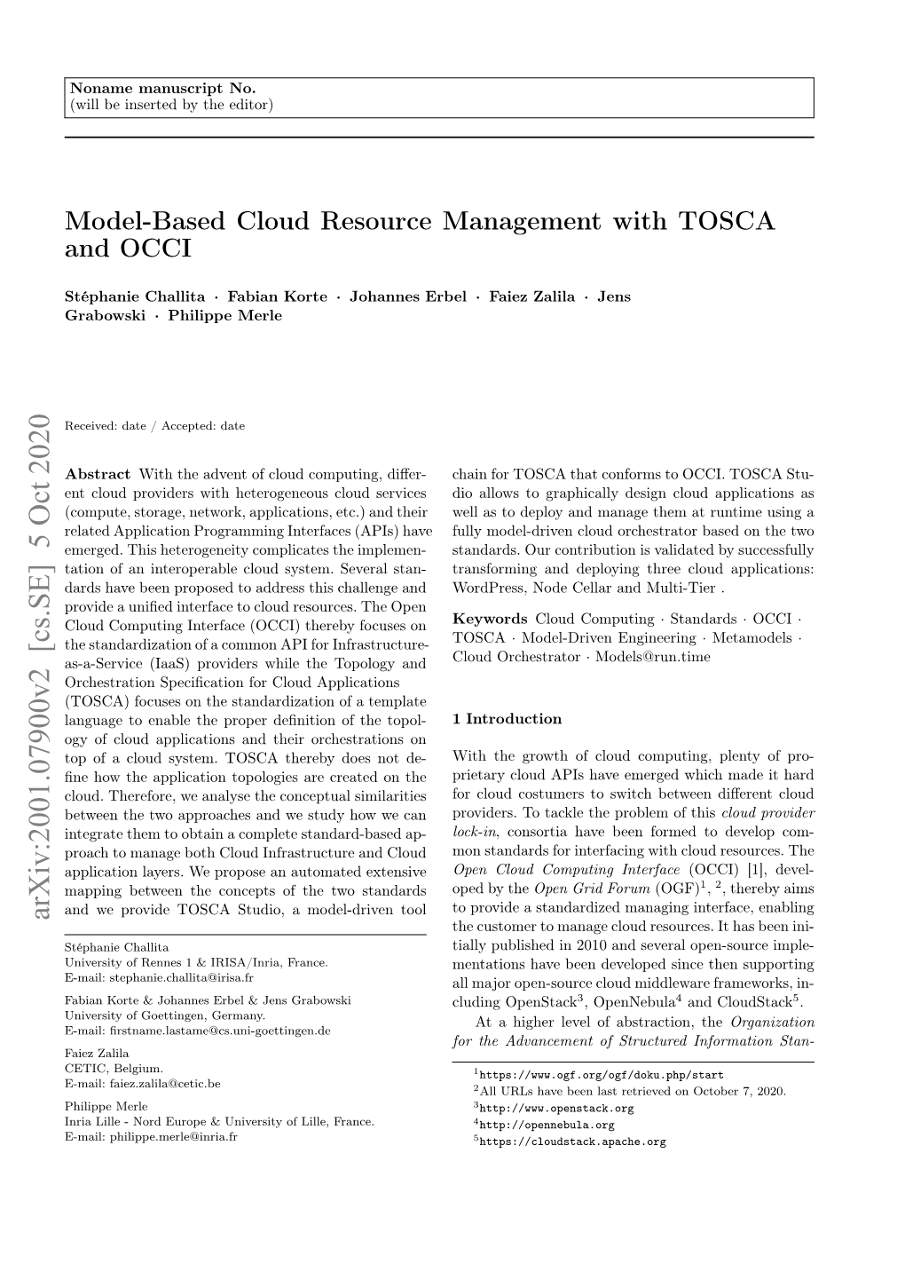 Model-Based Cloud Resource Management with TOSCA and OCCI