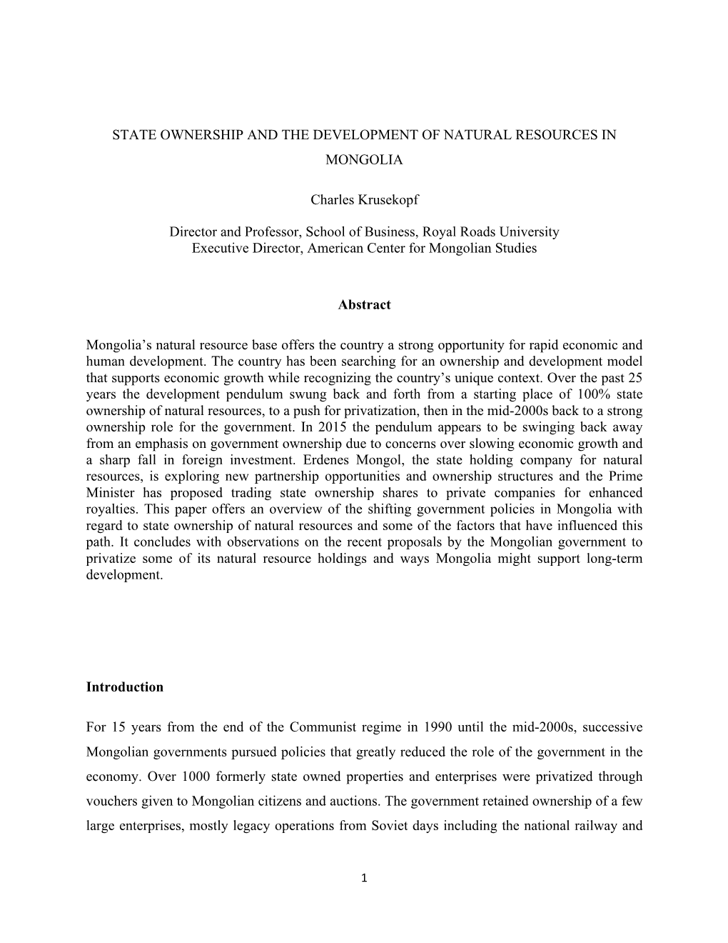 State Ownership and the Development of Natural Resources in Mongolia
