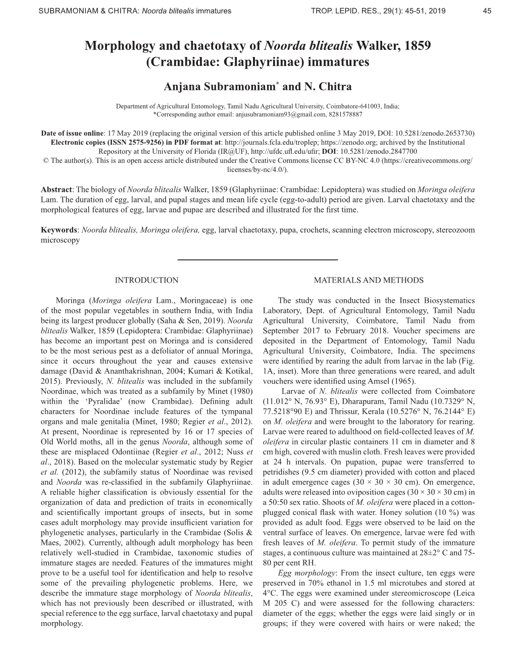 Morphology and Chaetotaxy of Noorda Blitealis Walker, 1859 (Crambidae: Glaphyriinae) Immatures