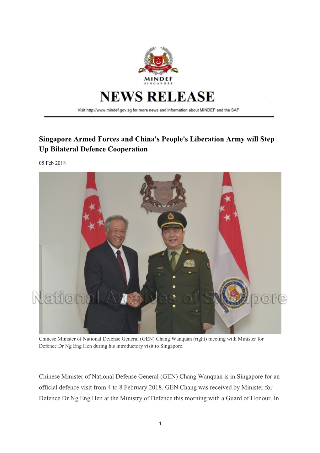 Singapore Armed Forces and China's People's Liberation Army Will Step up Bilateral Defence Cooperation