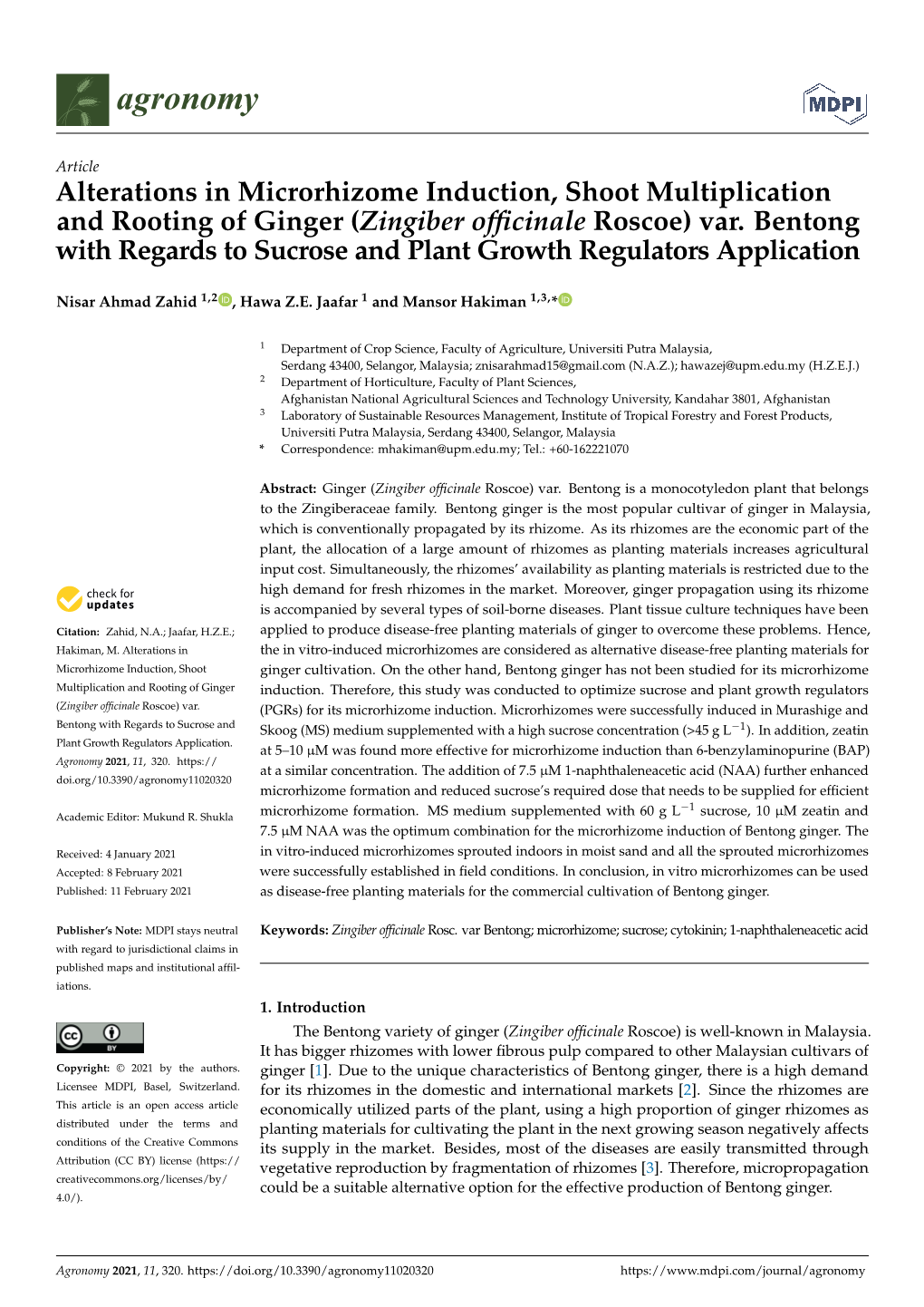 Alterations in Microrhizome Induction, Shoot Multiplication and Rooting of Ginger (Zingiber Ofﬁcinale Roscoe) Var