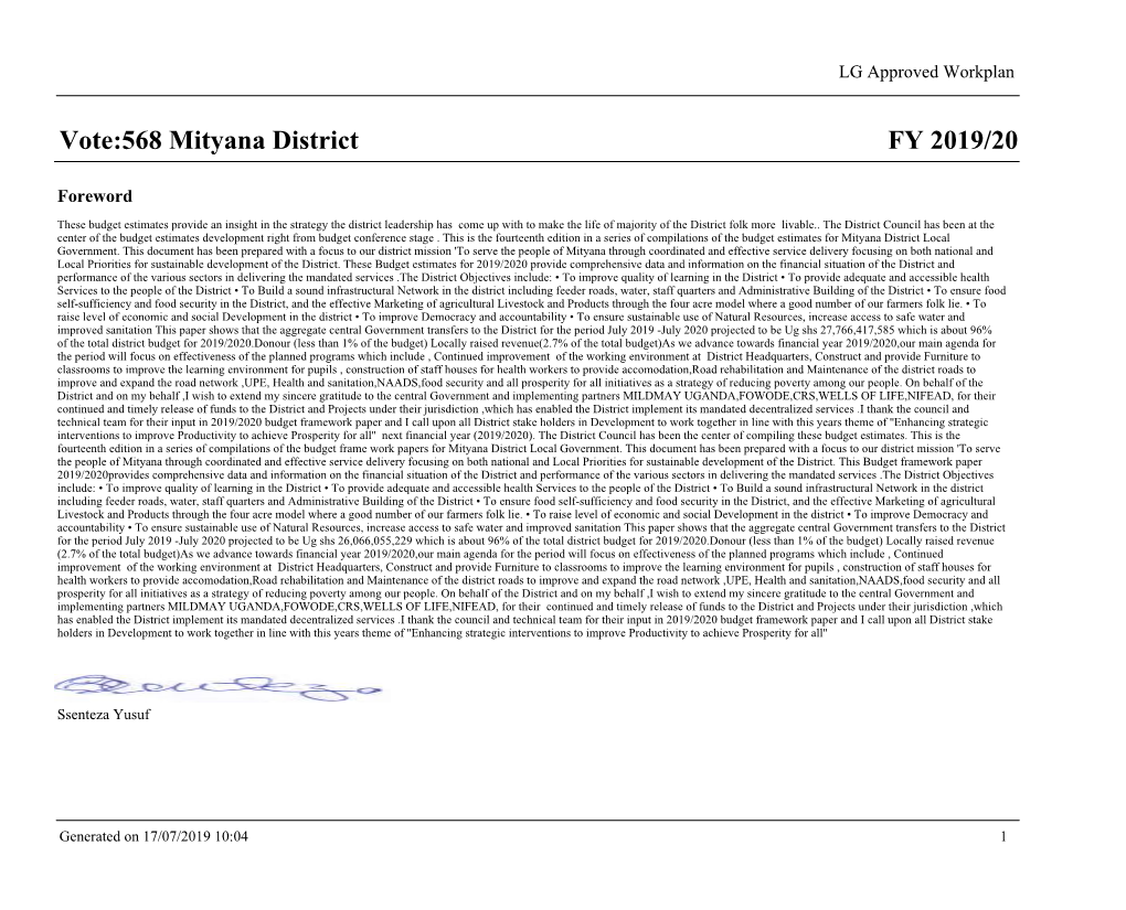 FY 2019/20 Vote:568 Mityana District
