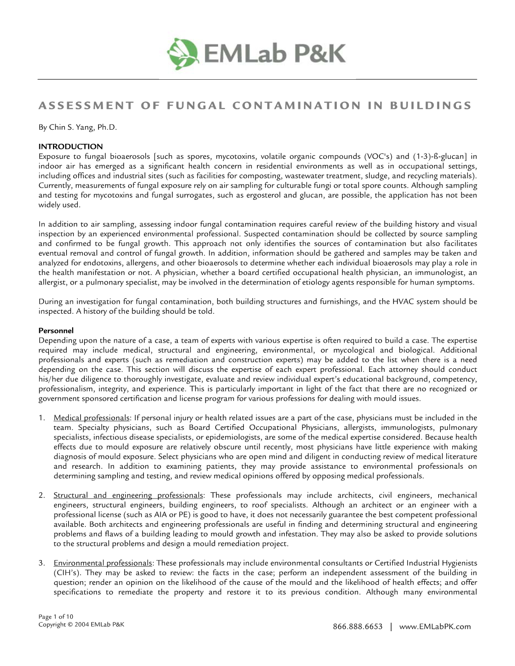 Assessment of Fungal Contamination in Buildings