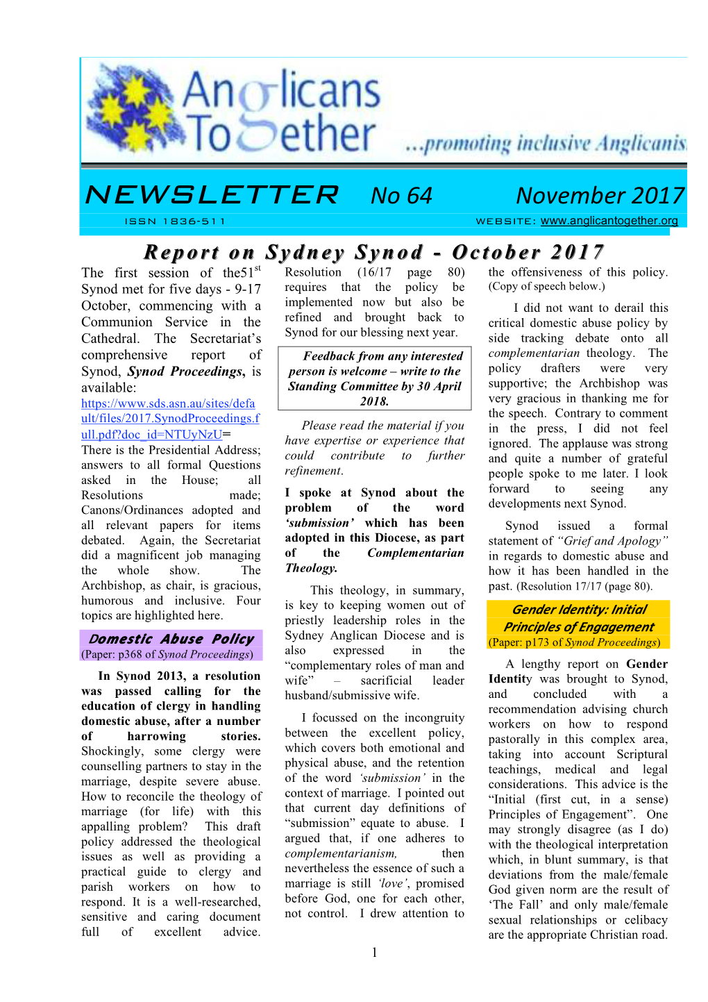 Newsletter No 64 November 201+