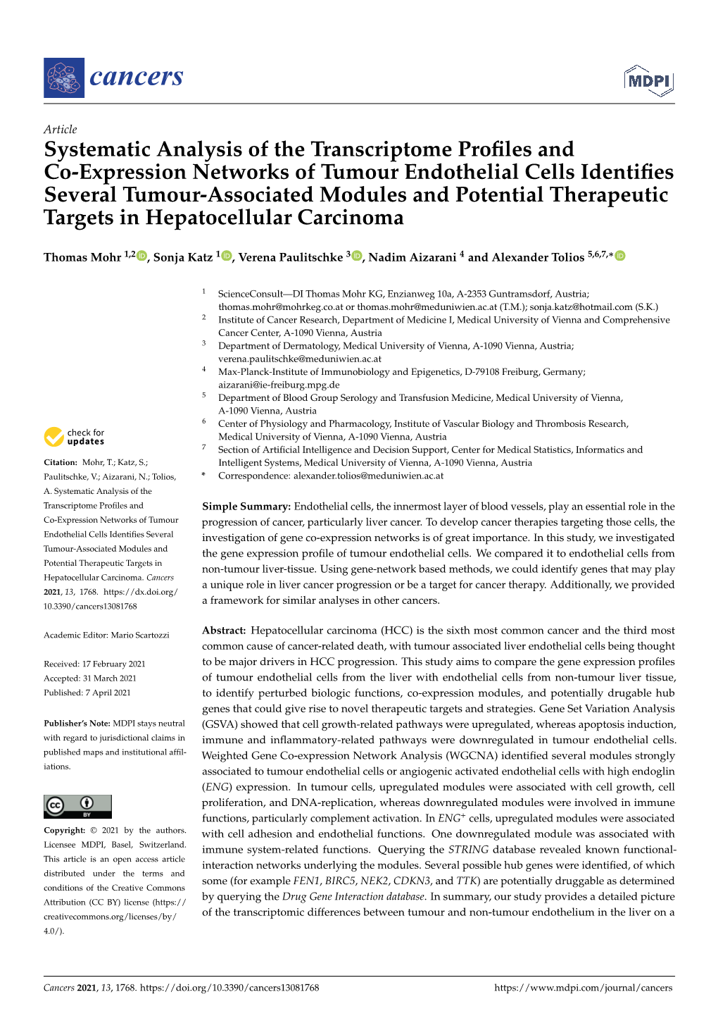 Systematic Analysis of the Transcriptome Profiles and Co-Expression Networks of Tumour Endothelial Cells Identifies Several Tumo