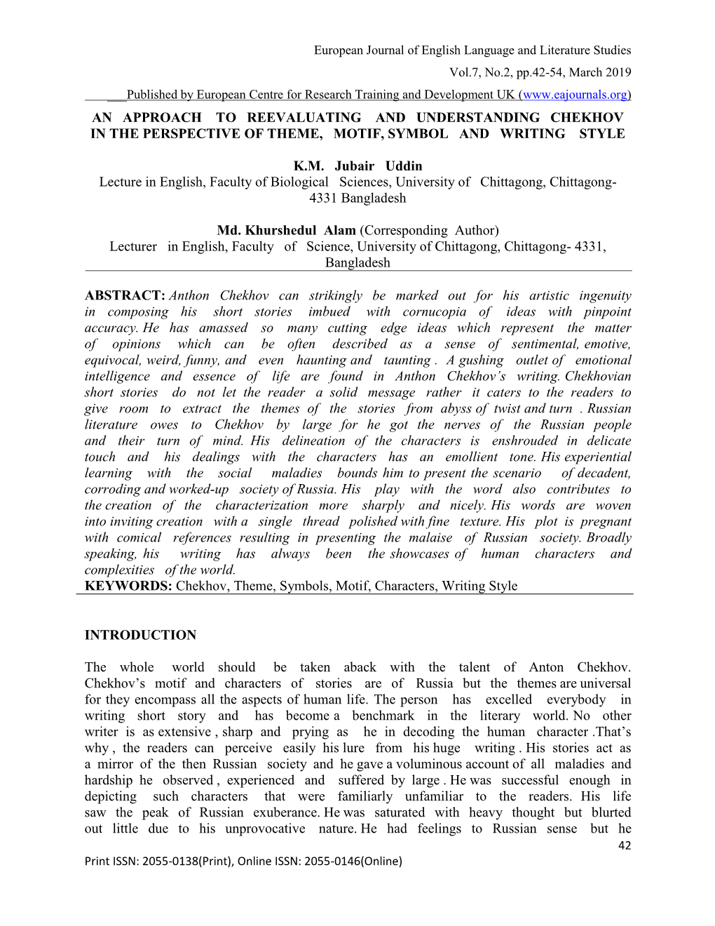 An Approach to Reevaluating and Understanding Chekhov in the Perspective of Theme, Motif, Symbol and Writing Style