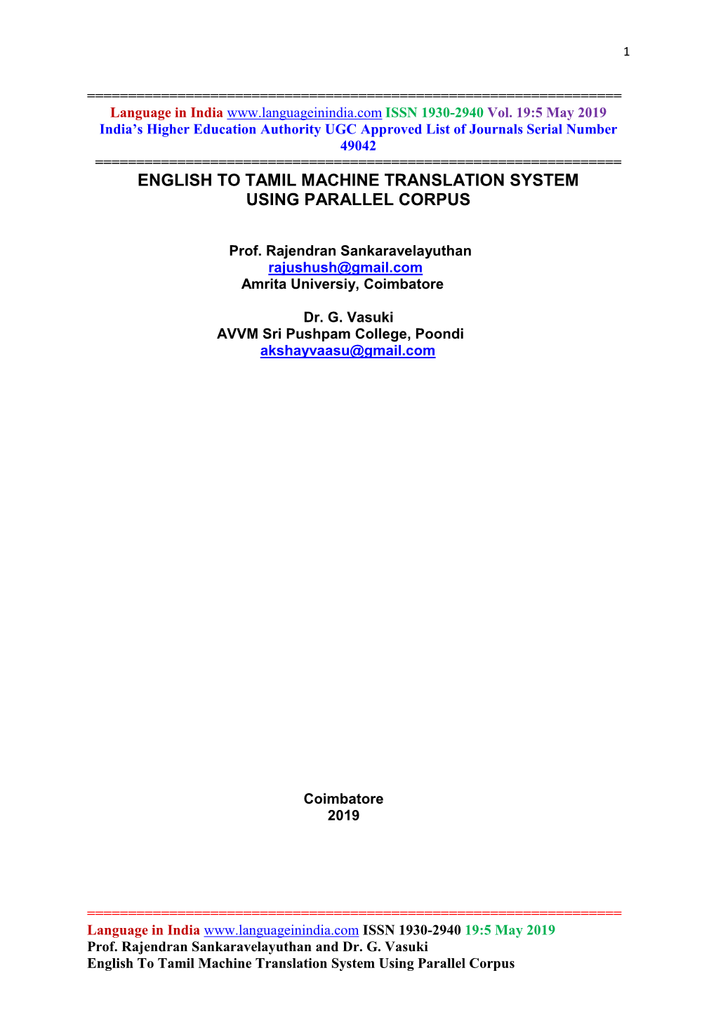 English to Tamil Machine Translation System Using Parallel Corpus