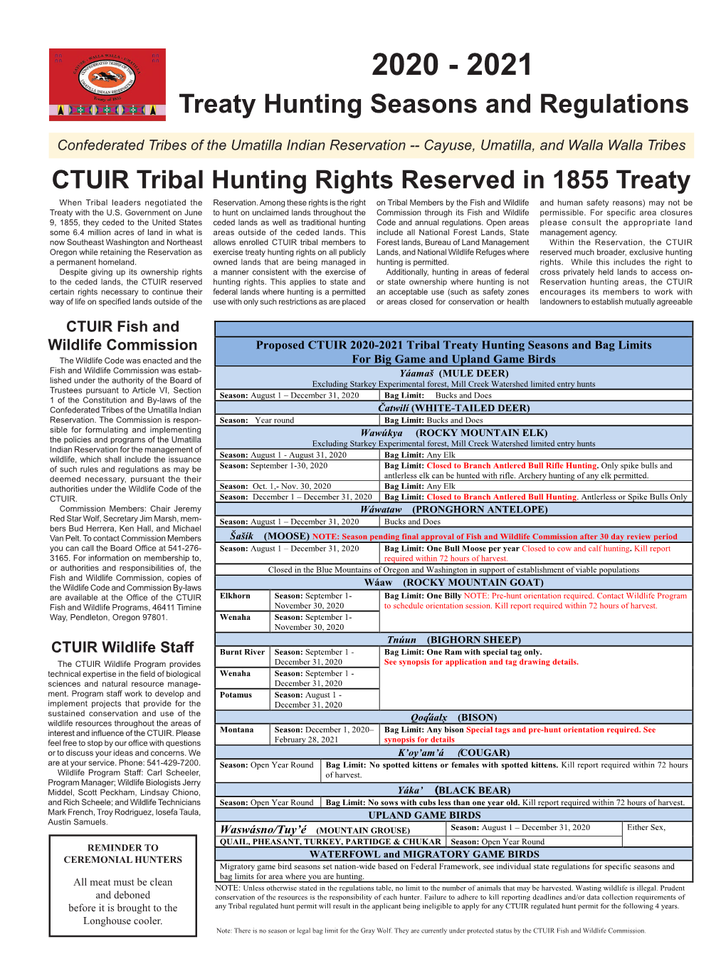 CTUIR Treaty Hunting Regs 2020 2021