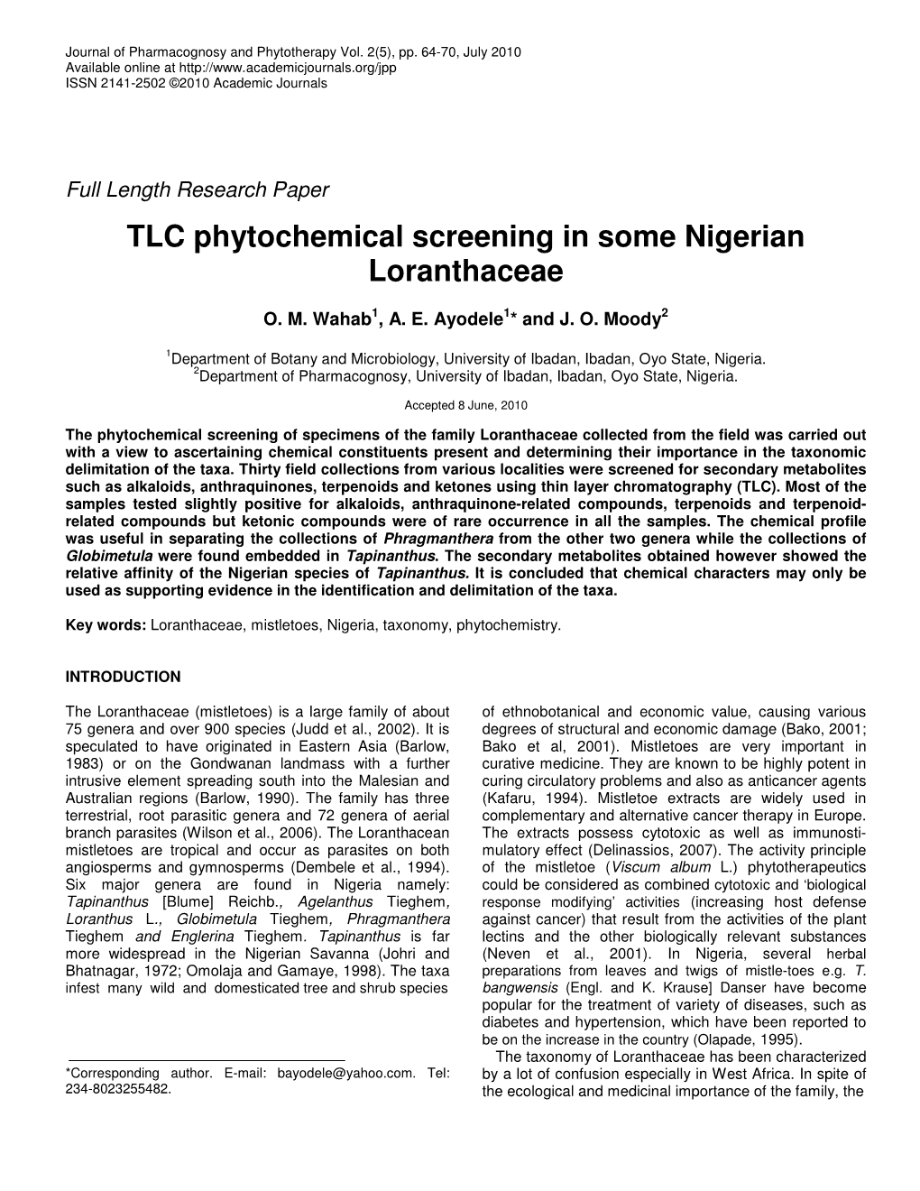 TLC Phytochemical Screening in Some Nigerian Loranthaceae