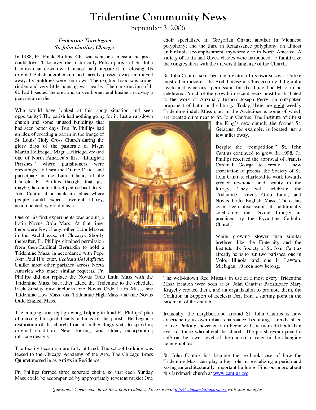 Tridentine Community News September 3, 2006