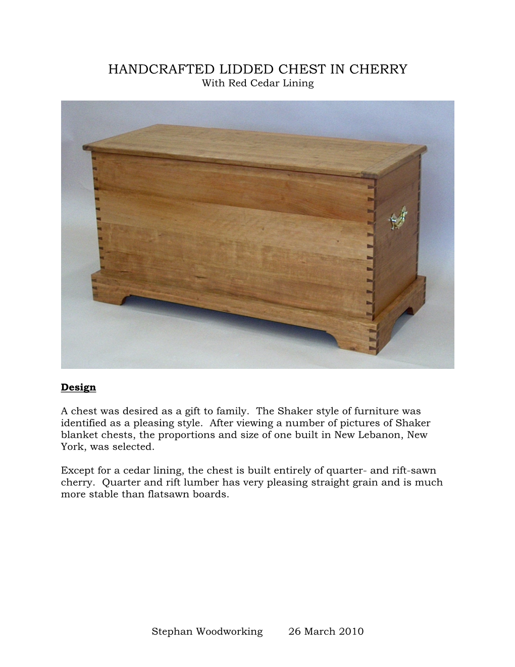 HANDCRAFTED LIDDED CHEST in CHERRY with Red Cedar Lining