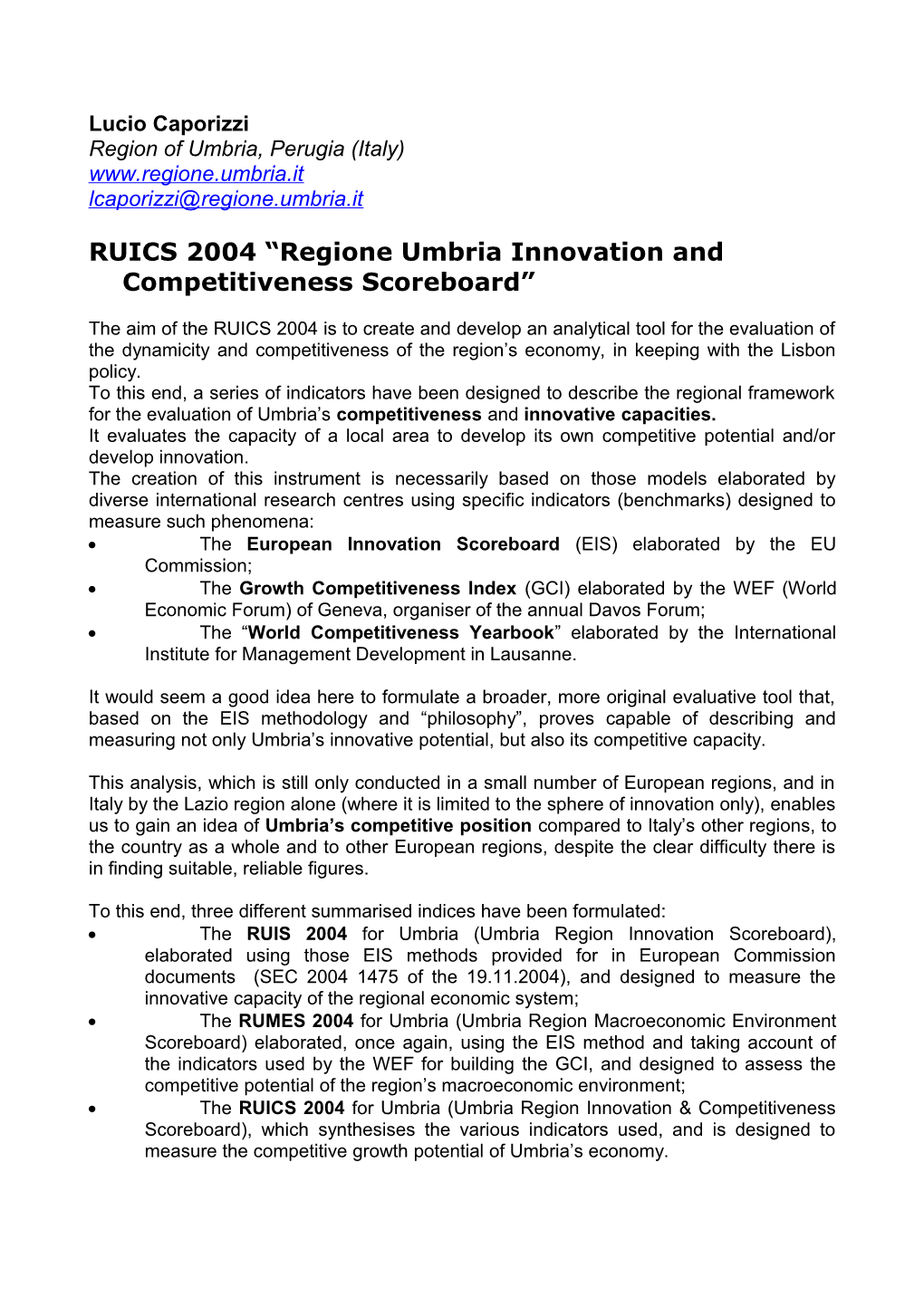 RUICS 2004 Regione Umbria Innovation and Competitiveness Scoreboard