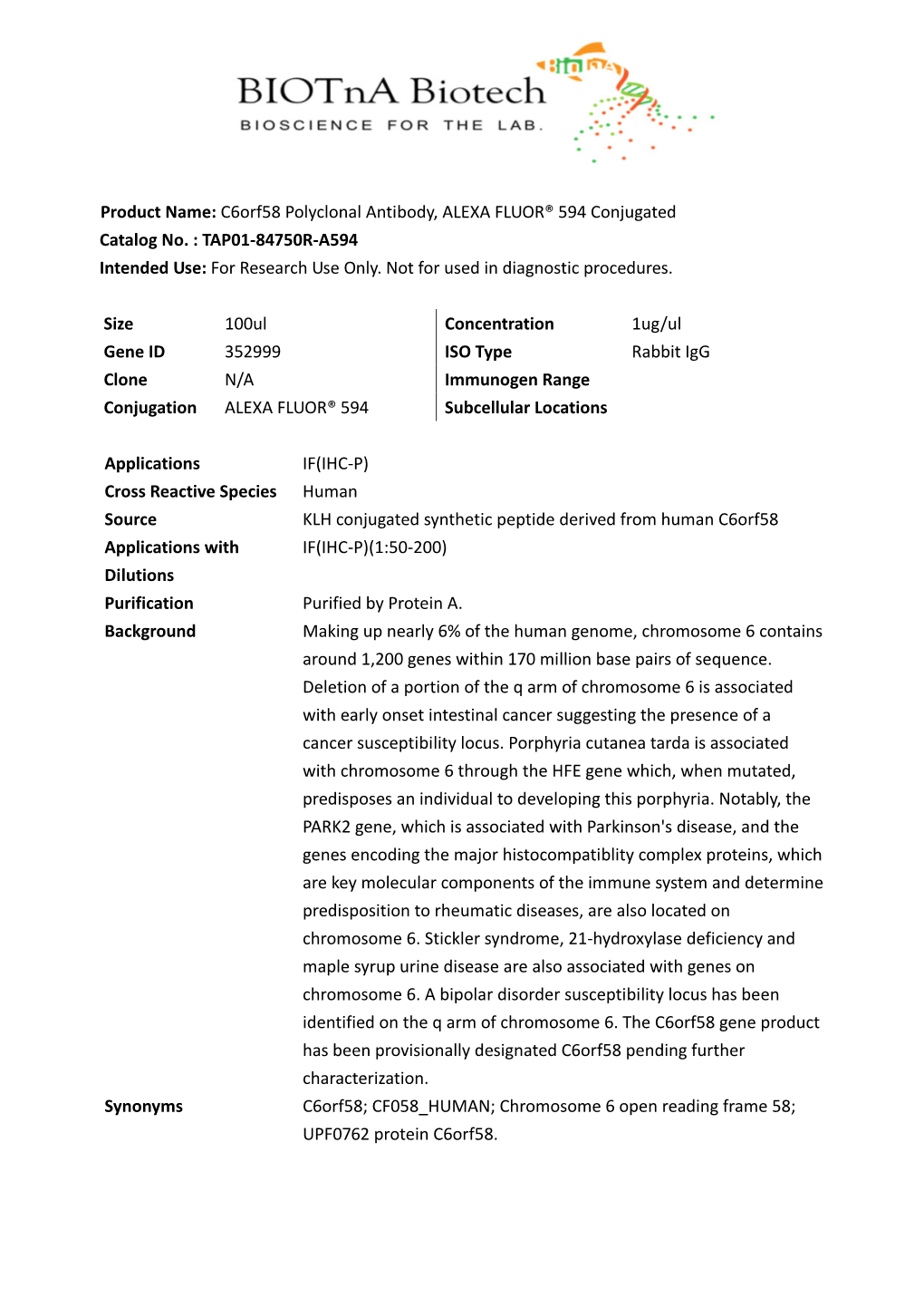 Product Name: C6orf58 Polyclonal Antibody, ALEXA FLUOR® 594 Conjugated Catalog No