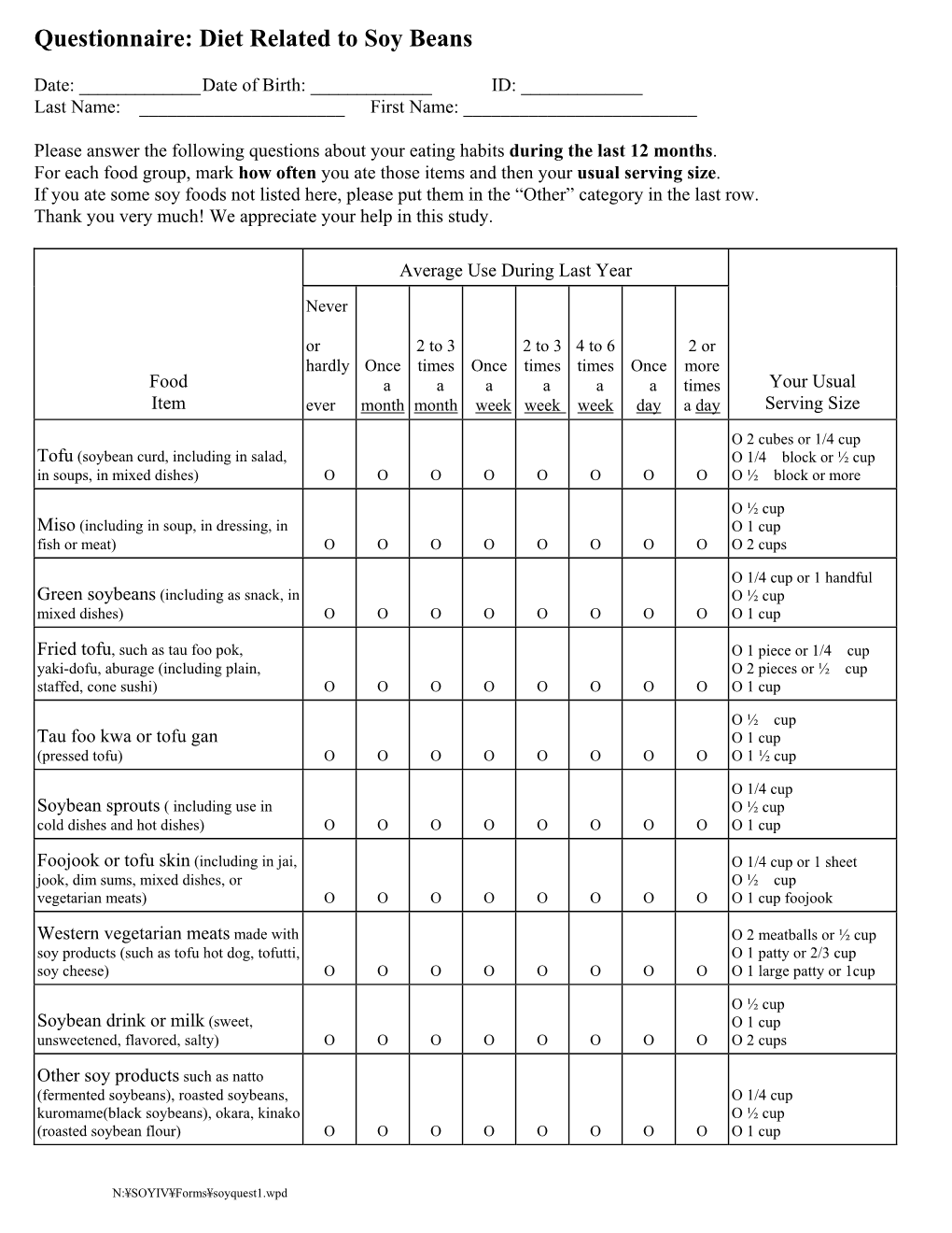 Questionnaire: Diet Related to Soy Beans