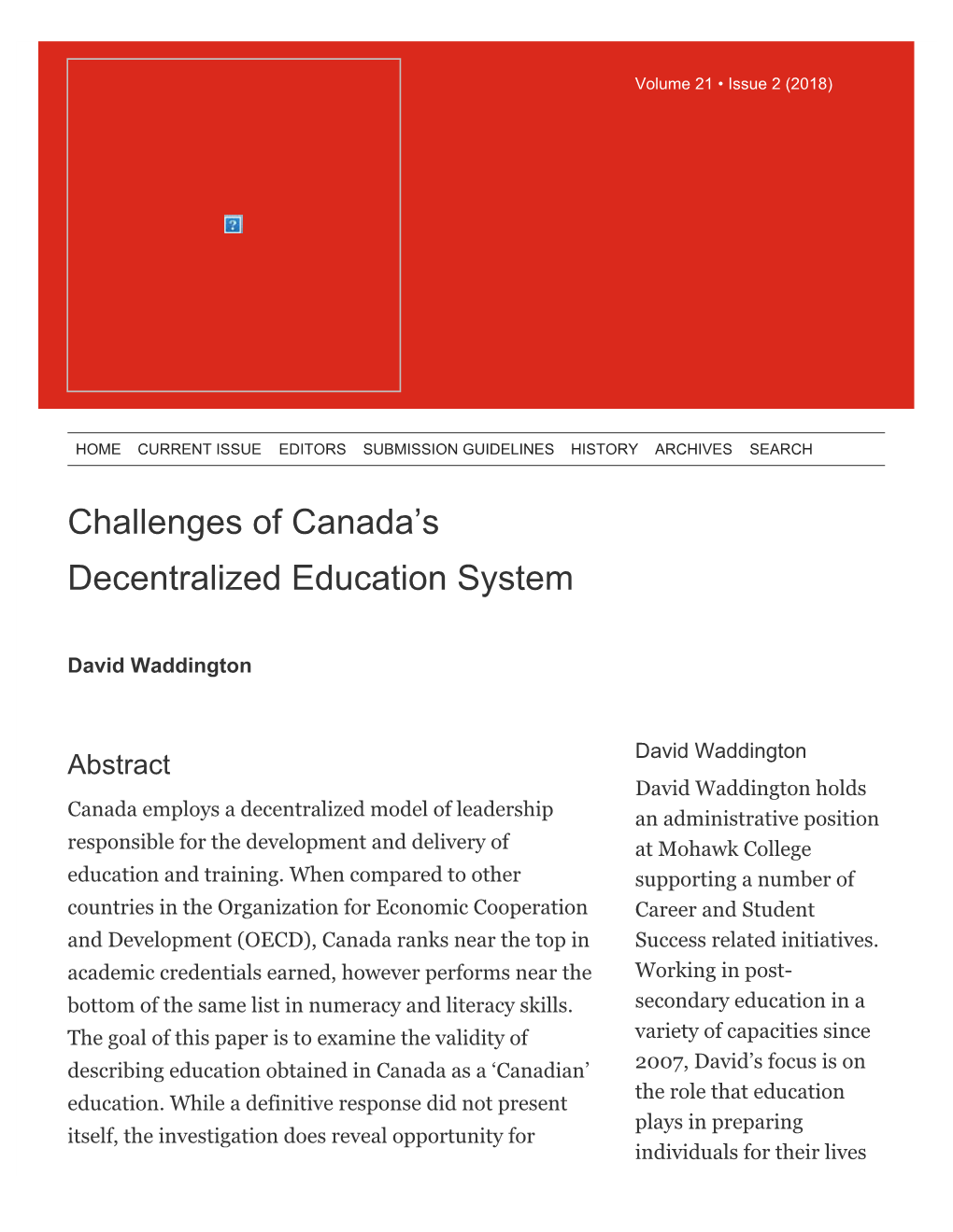 Challenges of Canada's Decentralized Education System