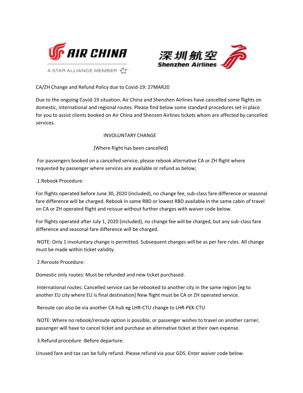 27MAR20 Due to the Ongoing Covid-19 Situation, Air China And