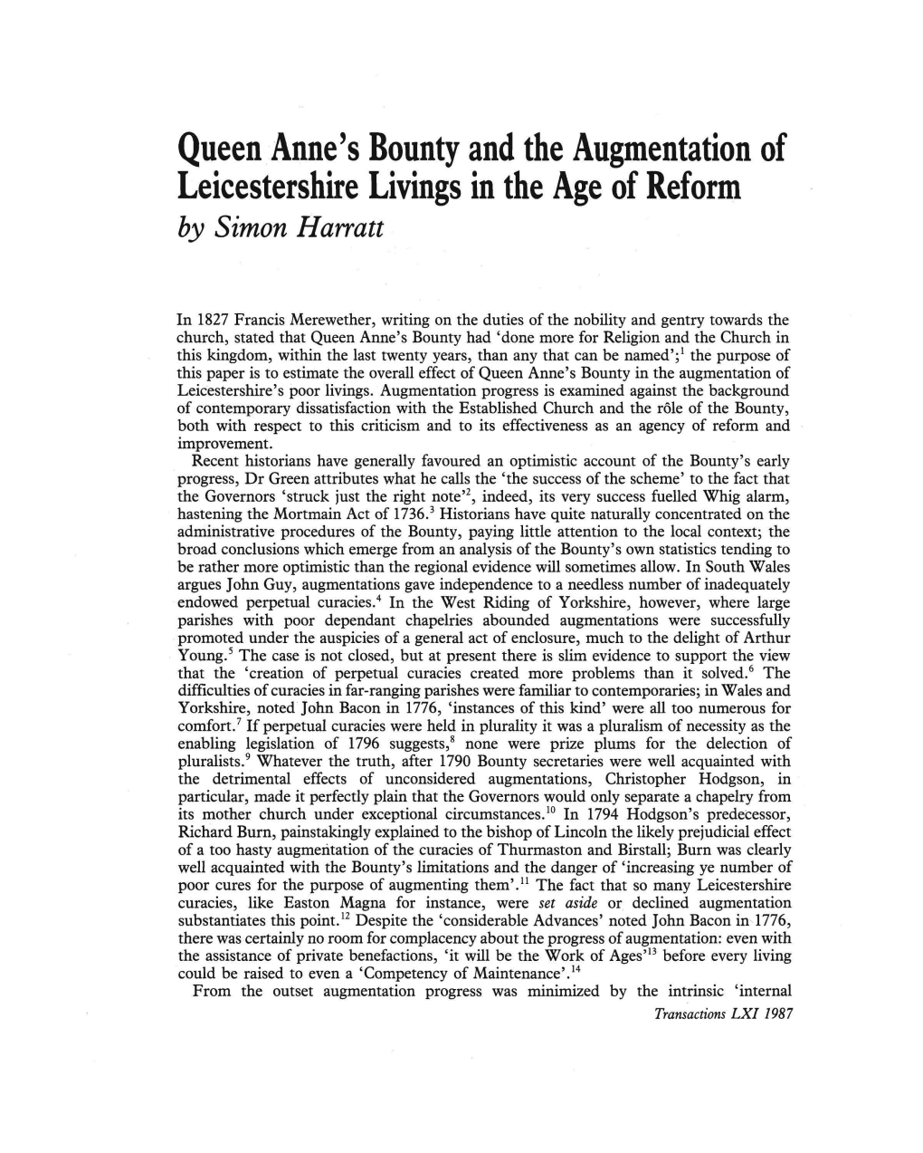 Queen Anne's Bounty and the Augmentation of Leicestershire Livings in the Age of Reform by Simon Barratt