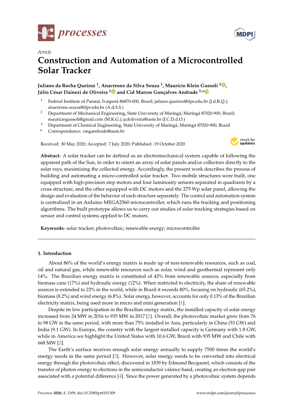 Construction and Automation of a Microcontrolled Solar Tracker