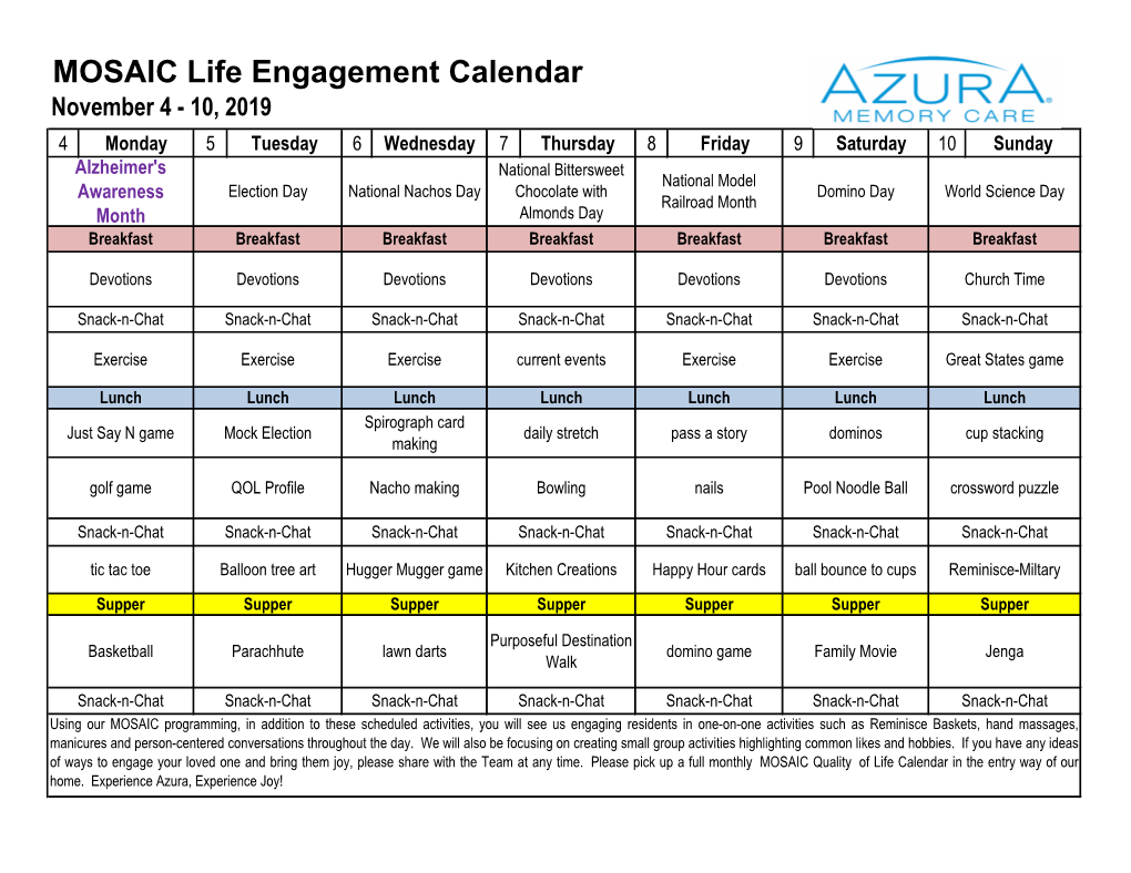 MOSAIC Life Engagement Calendar