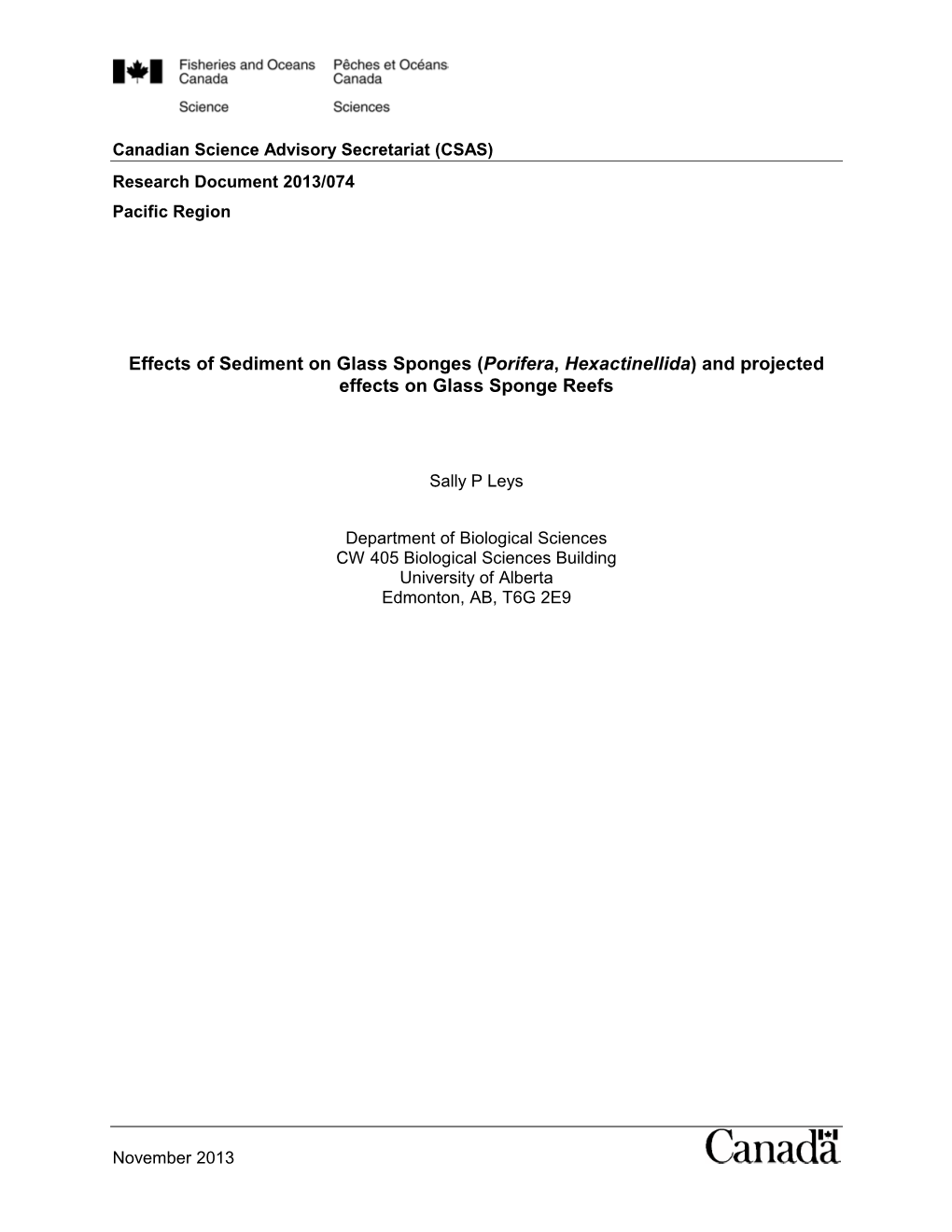 Effects of Sediment on Glass Sponges (Porifera, Hexactinellida) and Projected Effects on Glass Sponge Reefs