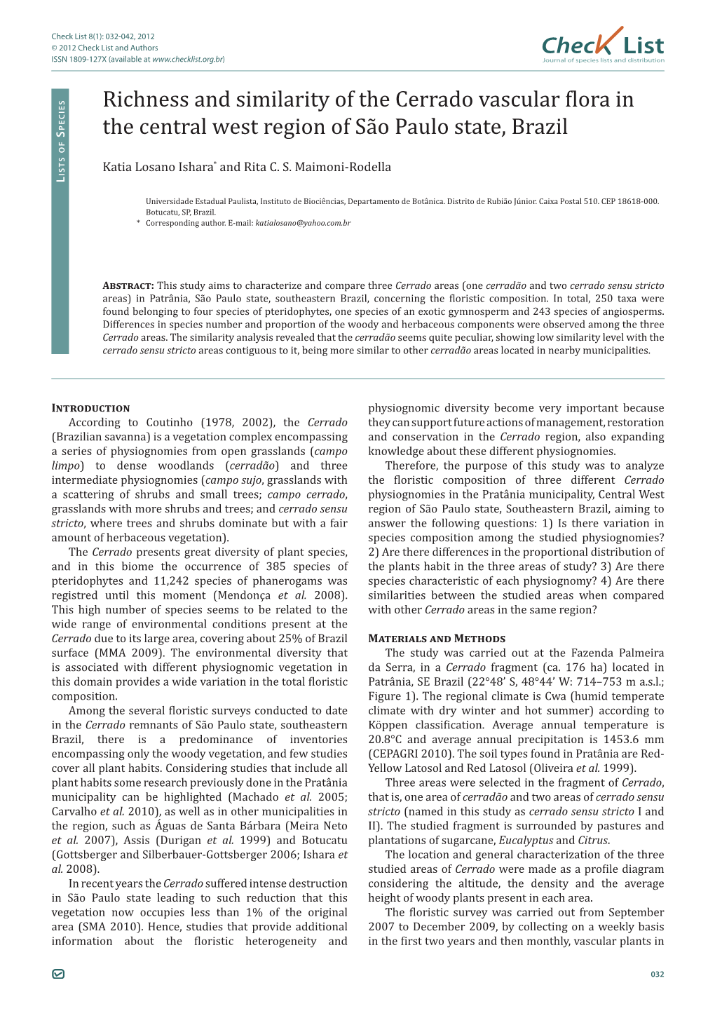 Chec List Richness and Similarity of the Cerrado Vascular Flora in The