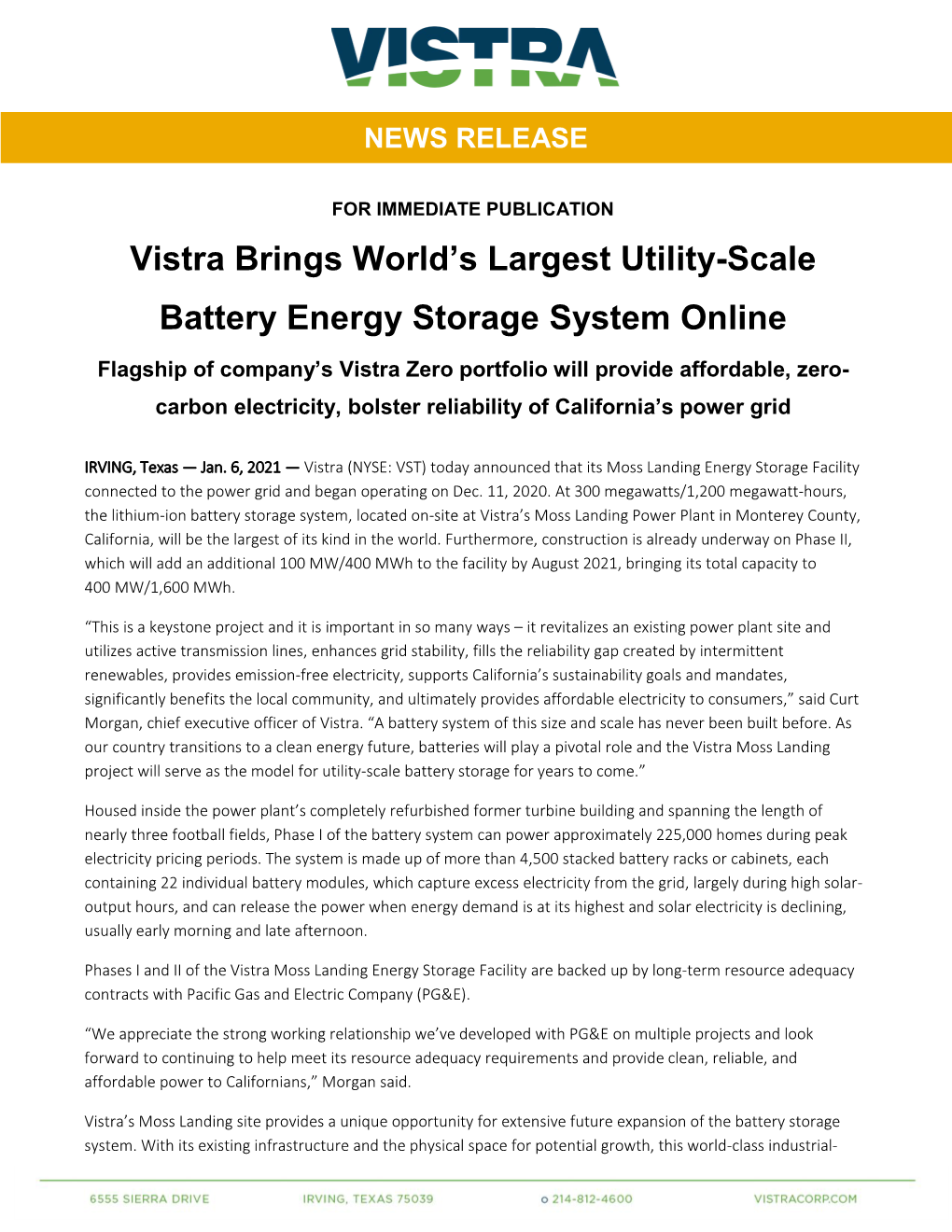 Vistra Brings World's Largest Utility-Scale Battery Energy Storage