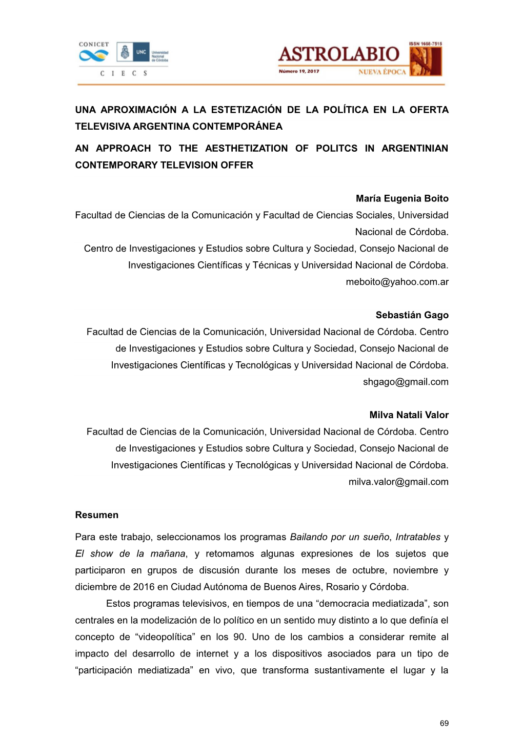 Una Aproximación a La Estetización De La Política En La Oferta Televisiva Argentina Contemporánea