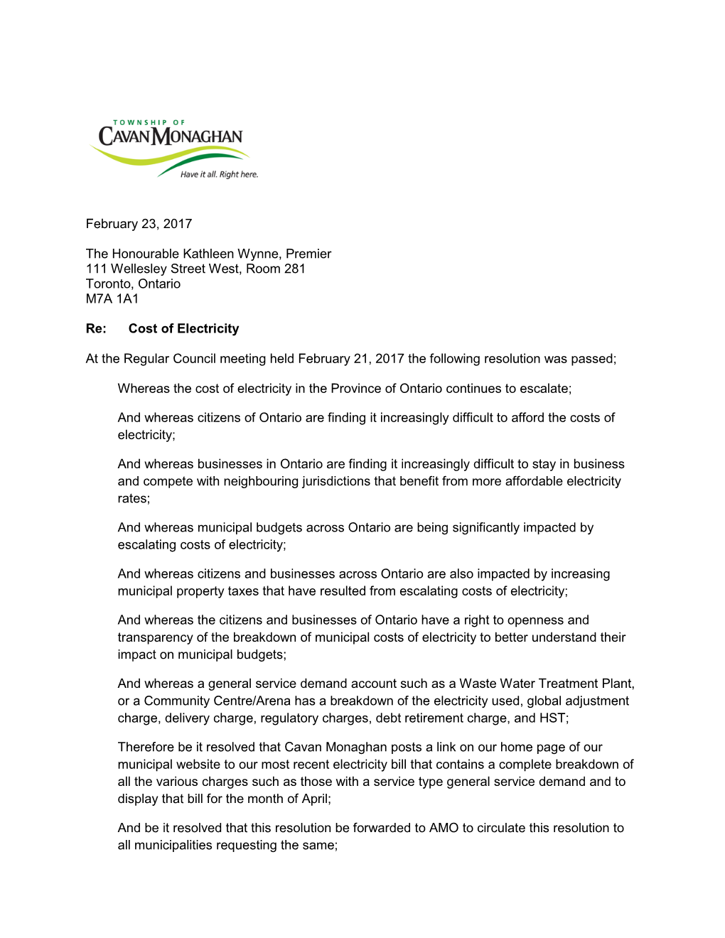 Township of Cavan Monaghan Resolution