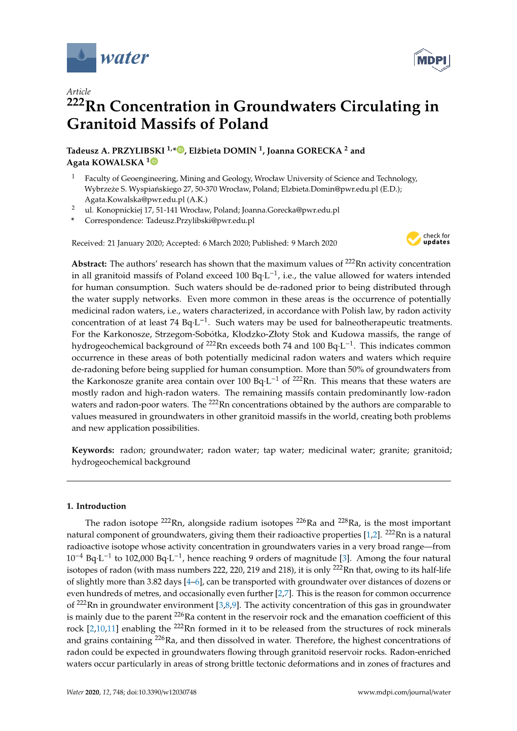 222Rn Concentration in Groundwaters Circulating in Granitoid Massifs of Poland