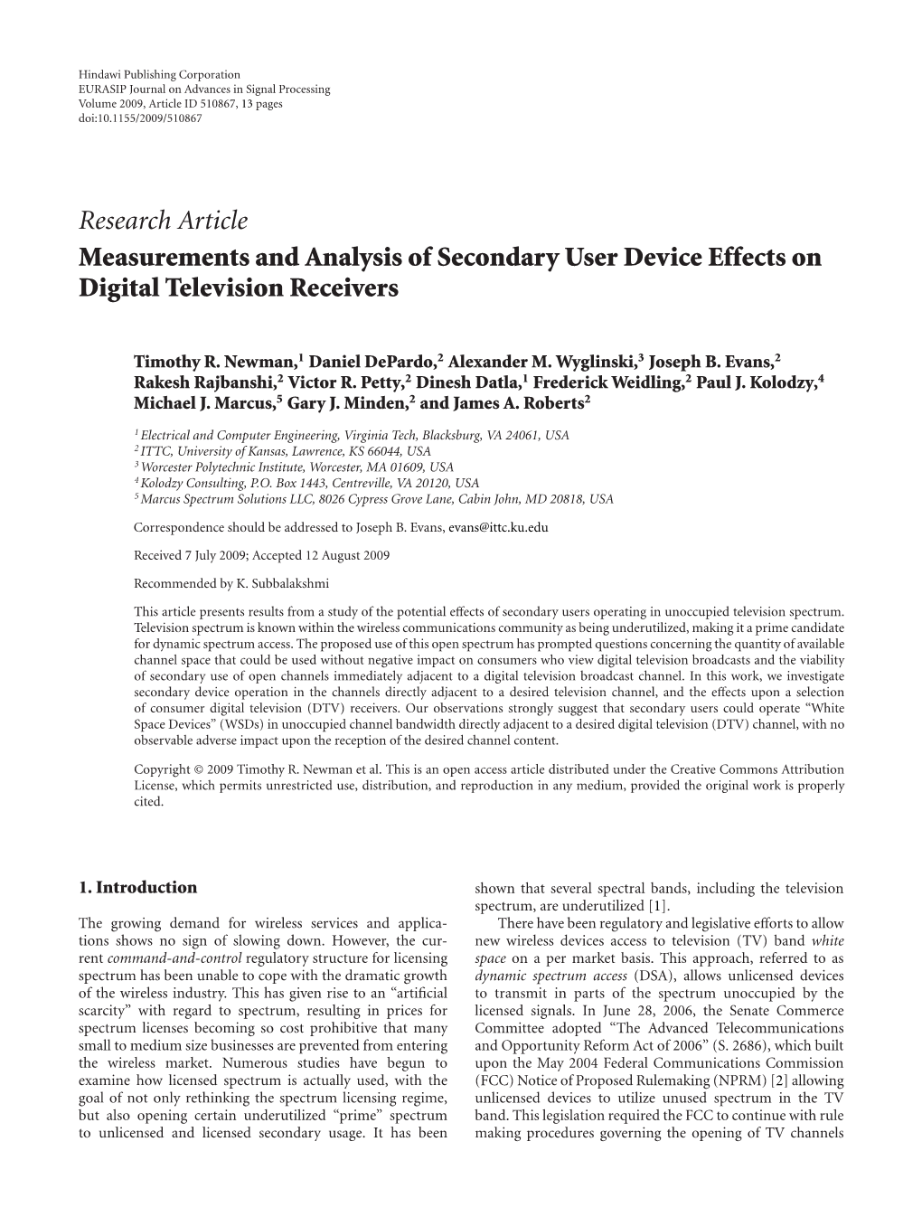 Research Article Measurements and Analysis of Secondary User Device Effects on Digital Television Receivers