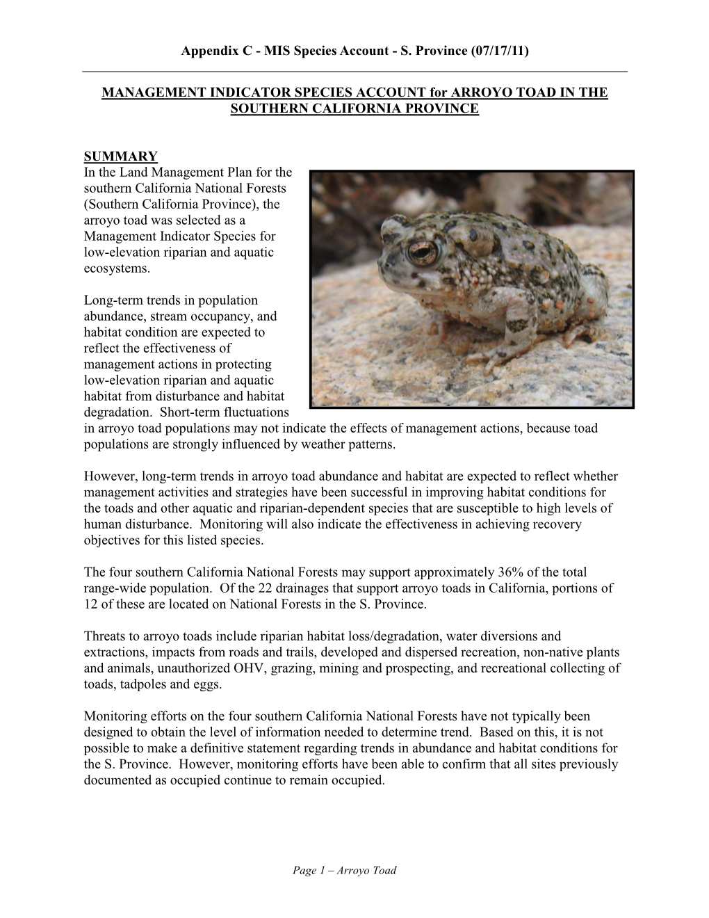MANAGEMENT INDICATOR SPECIES ACCOUNT for ARROYO TOAD in the SOUTHERN CALIFORNIA PROVINCE