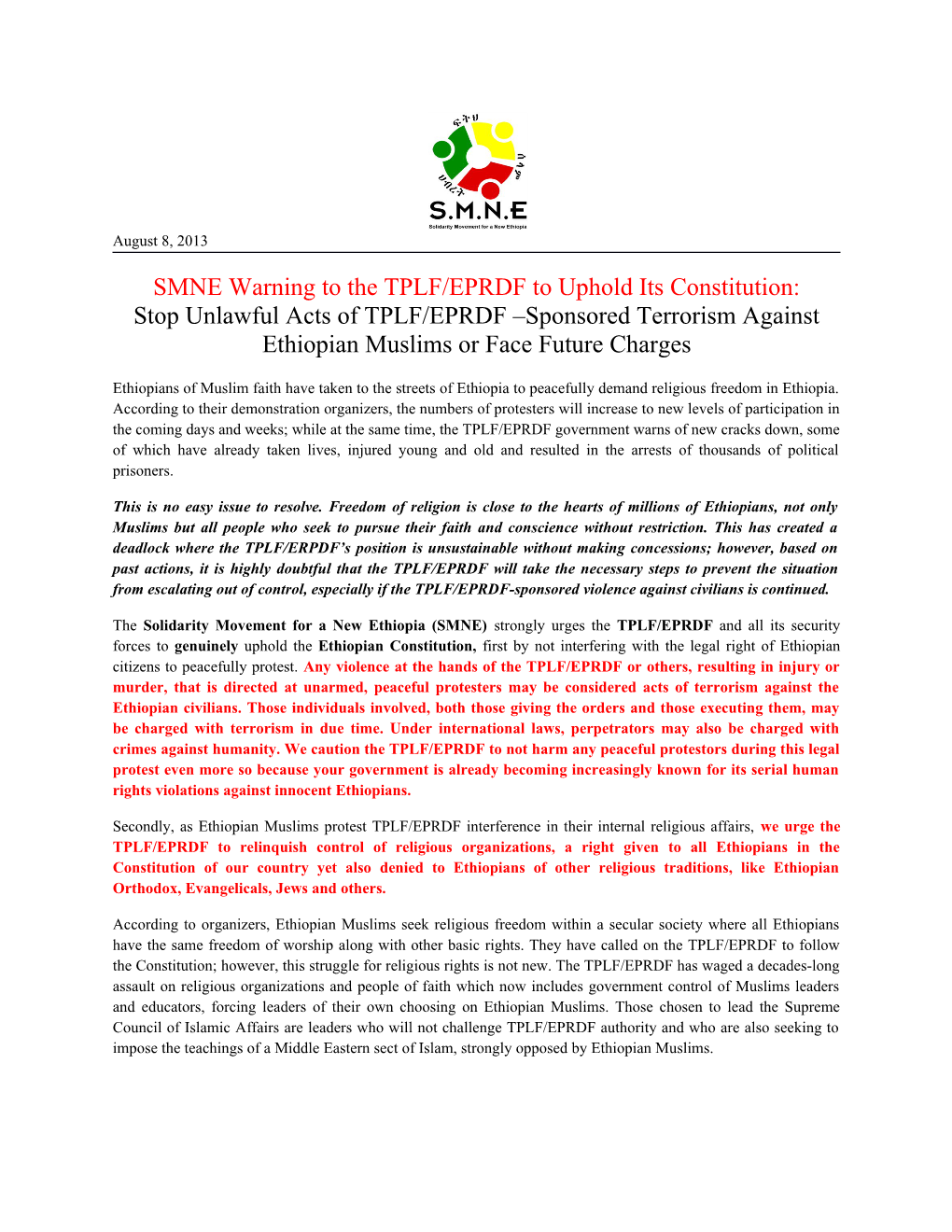 SMNE Warning to the TPLF/EPRDF to Uphold Its Constitution