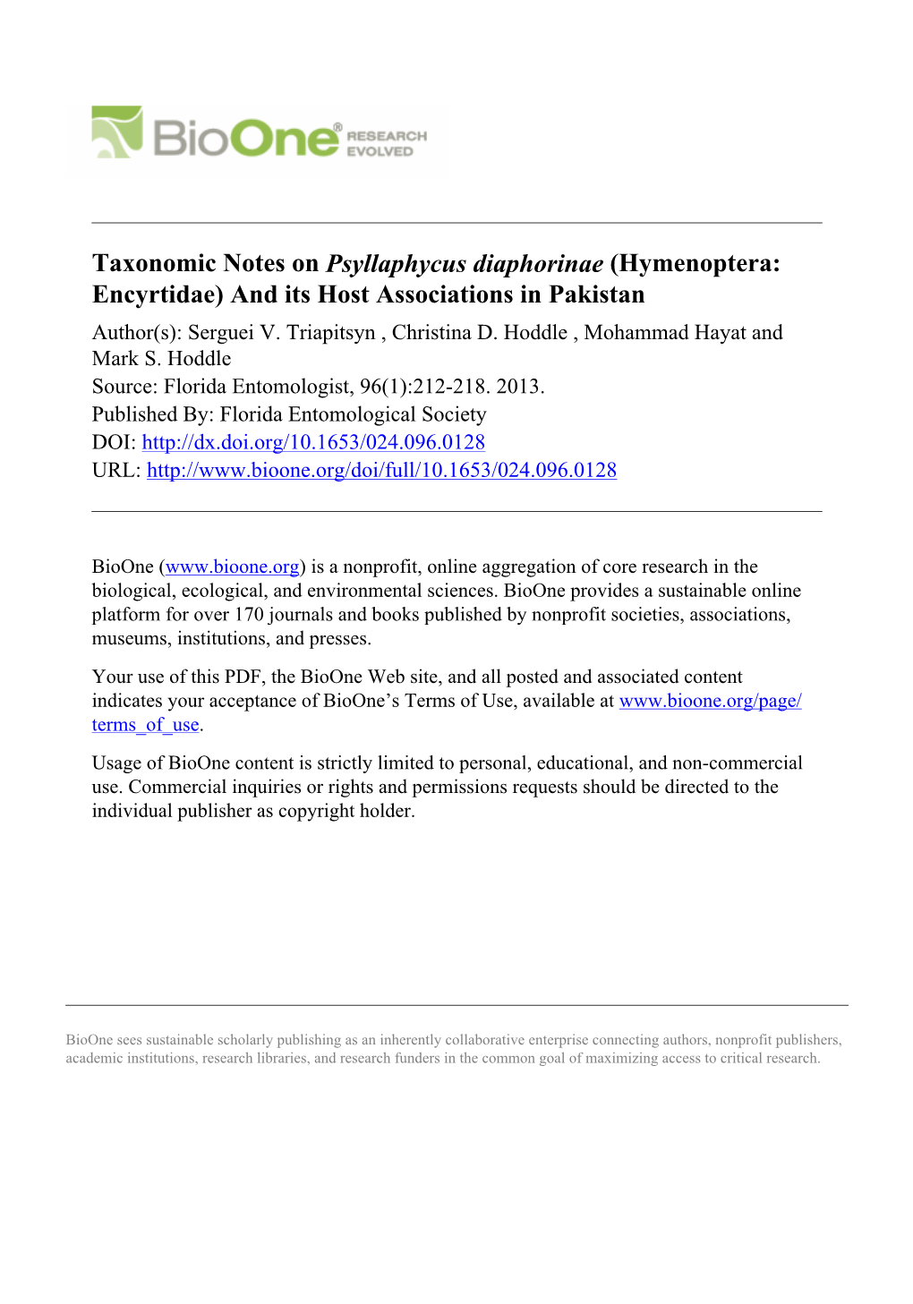 Taxonomic Notes on Psyllaphycus Diaphorinae (Hymenoptera: Encyrtidae) and Its Host Associations in Pakistan Author(S): Serguei V