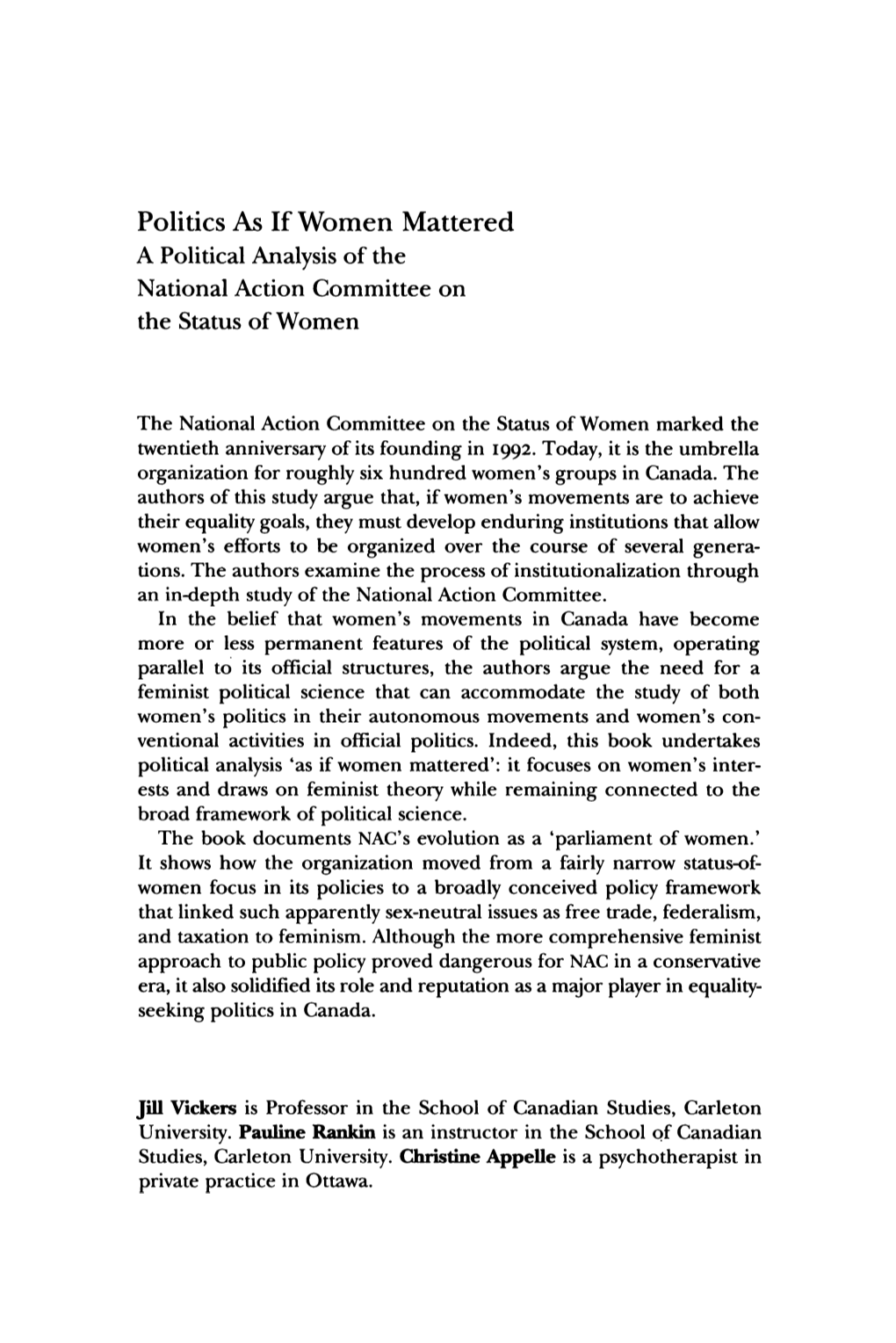 Politics As If Women Mattered a Political Analysis of the National Action Committee on the Status of Women