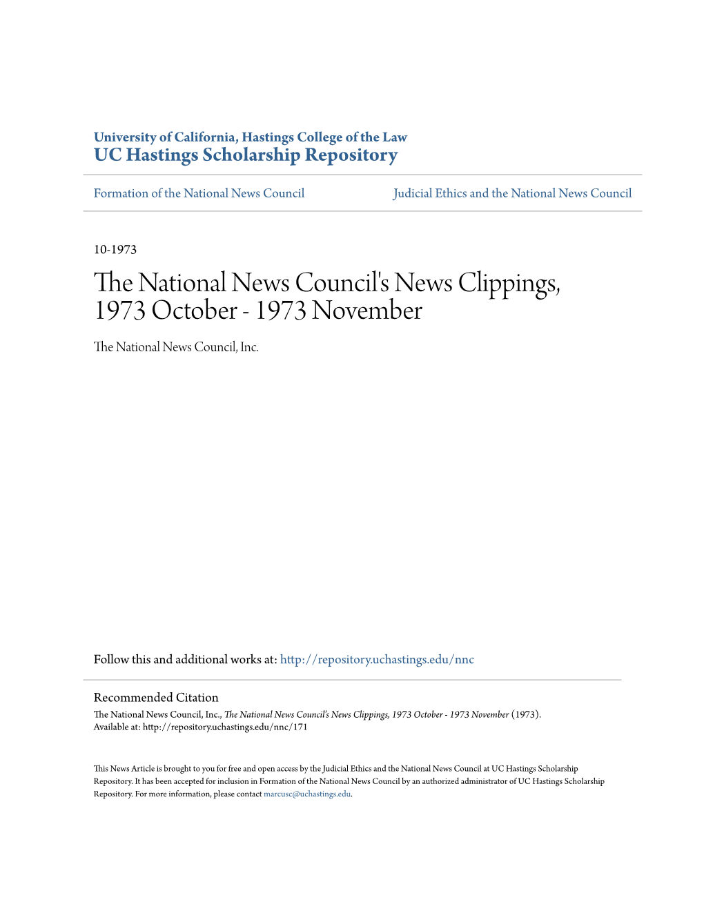 The National News Council's News Clippings, 1973 October - 1973 November (1973)