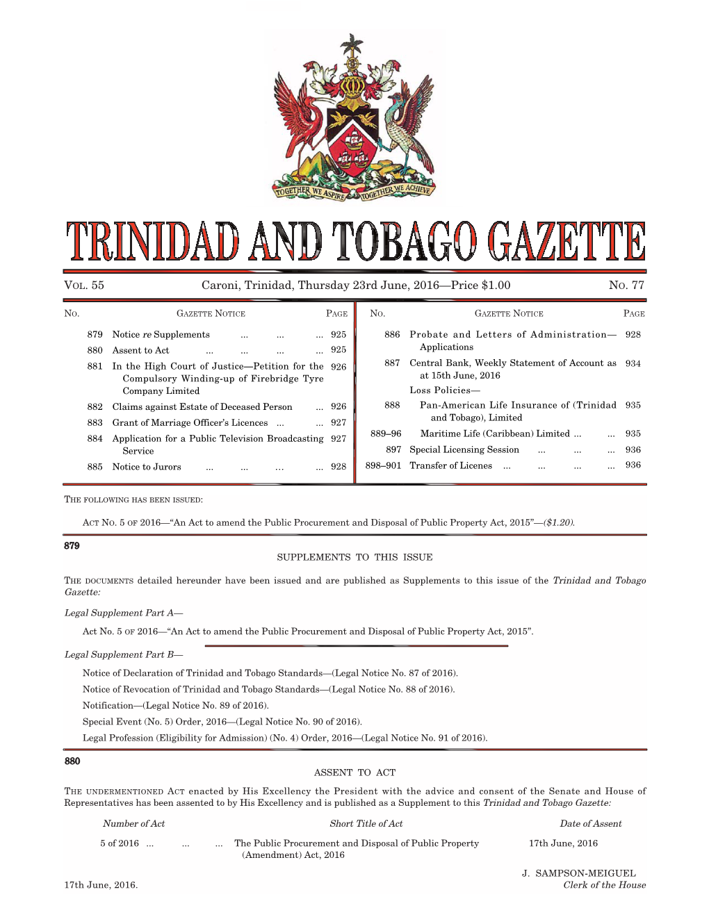 Gazette No. 77, Vol. 55, 23Rd June, 2016