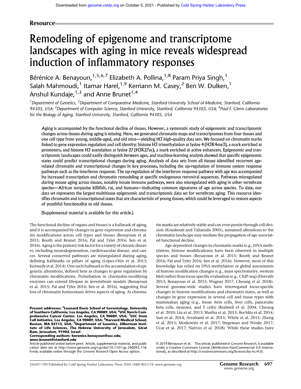Remodeling of Epigenome and Transcriptome Landscapes with Aging in Mice Reveals Widespread Induction of Inflammatory Responses