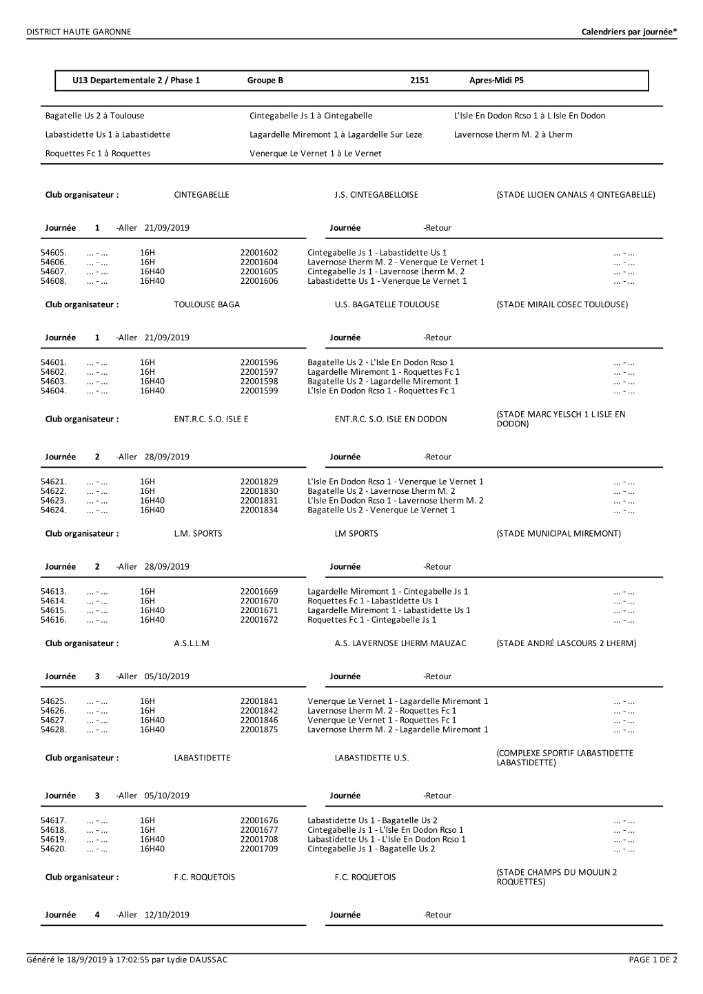 DISTRICT HAUTE GARONNE Calendriers Par Journée* Généré Le